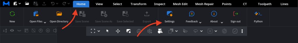 Where to find Setting under the Home Tab in MeshInspector