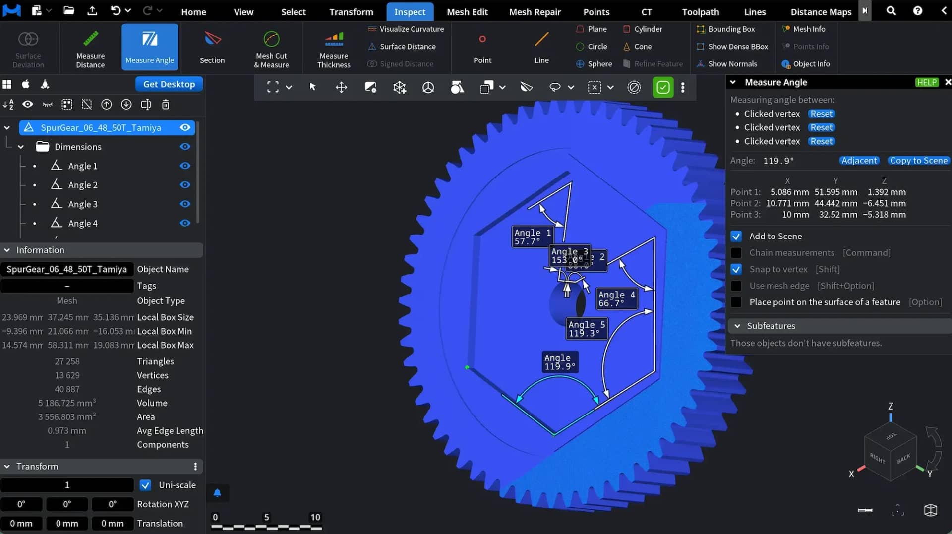 Measure Angle tool and angle annotations on a gear model.