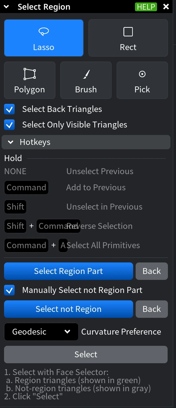 Select Region Workflow Steps in MeshInspector 