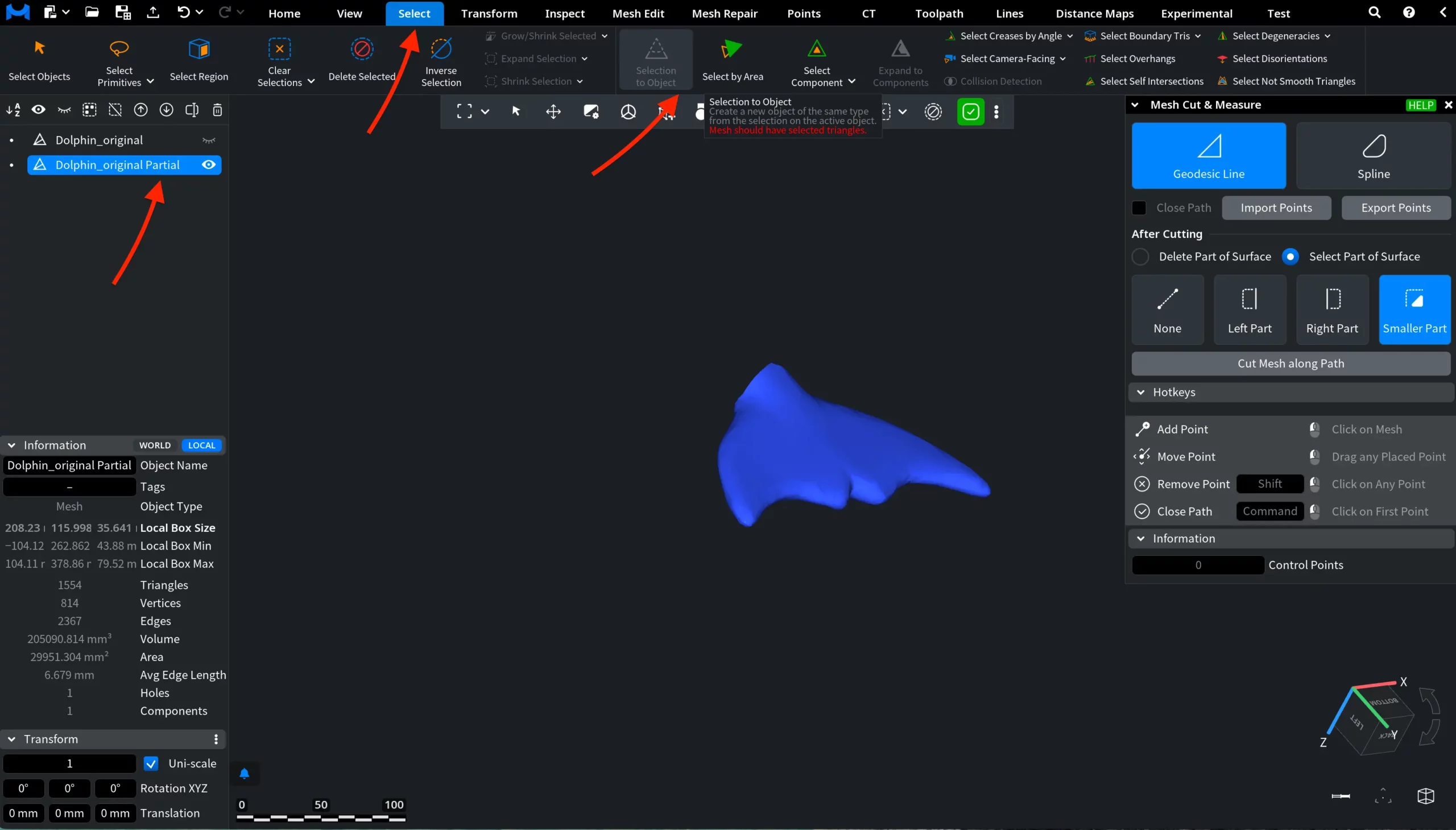 Geodesic Line: Selection to Object