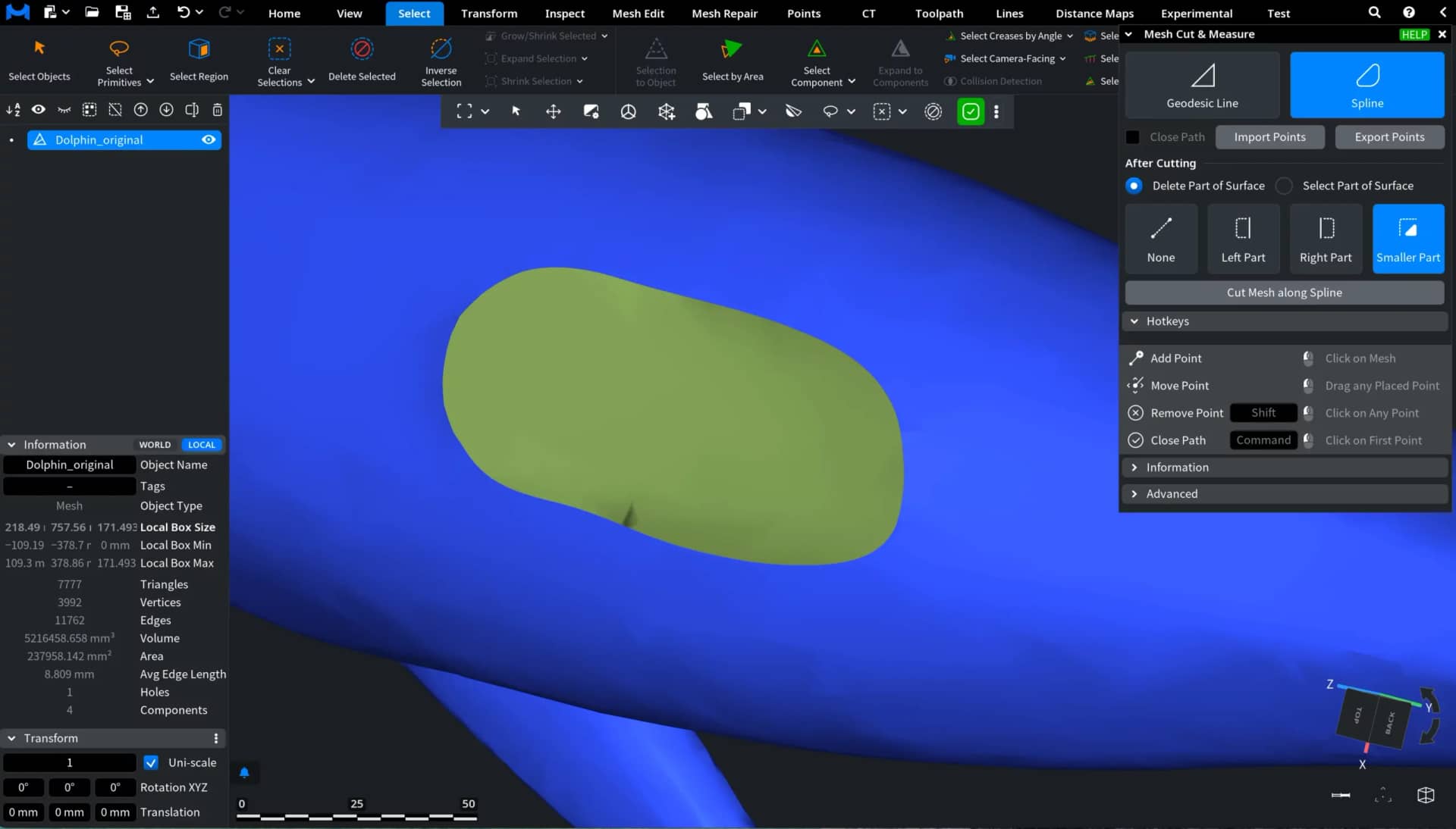 Mesh Cut and Measure: Spline Committed