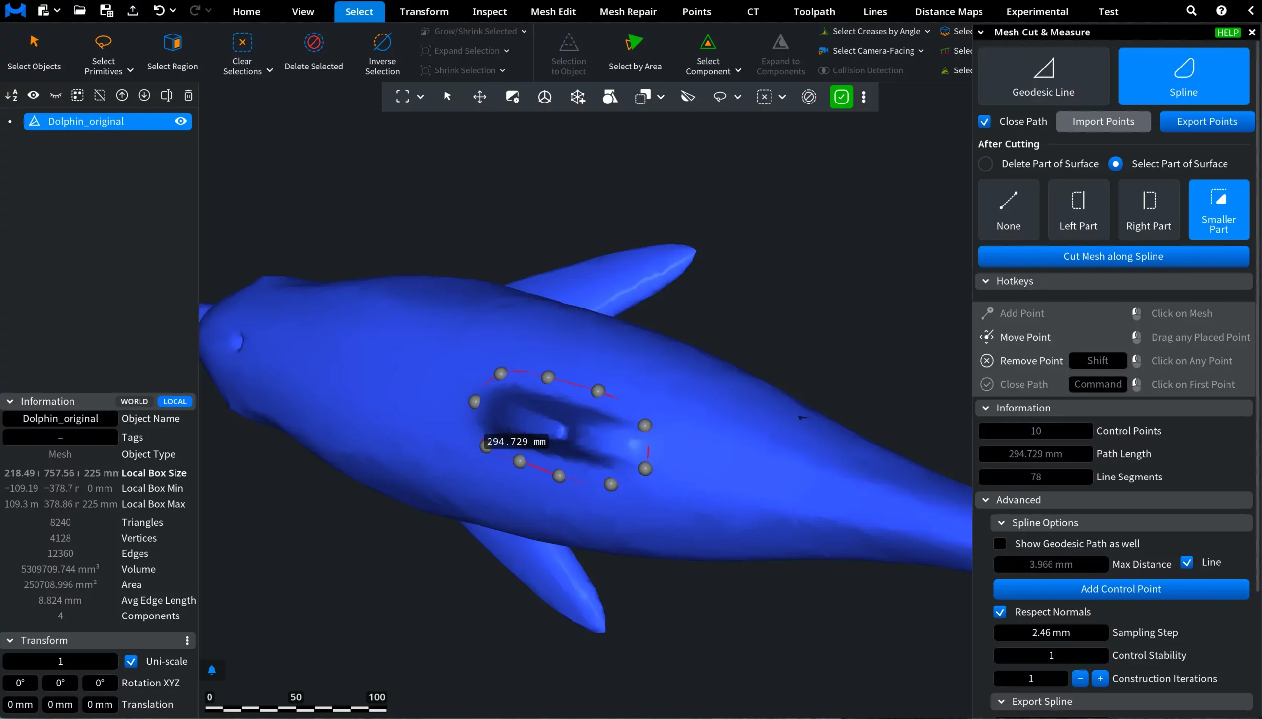Mesh Cut and Measure: Spline