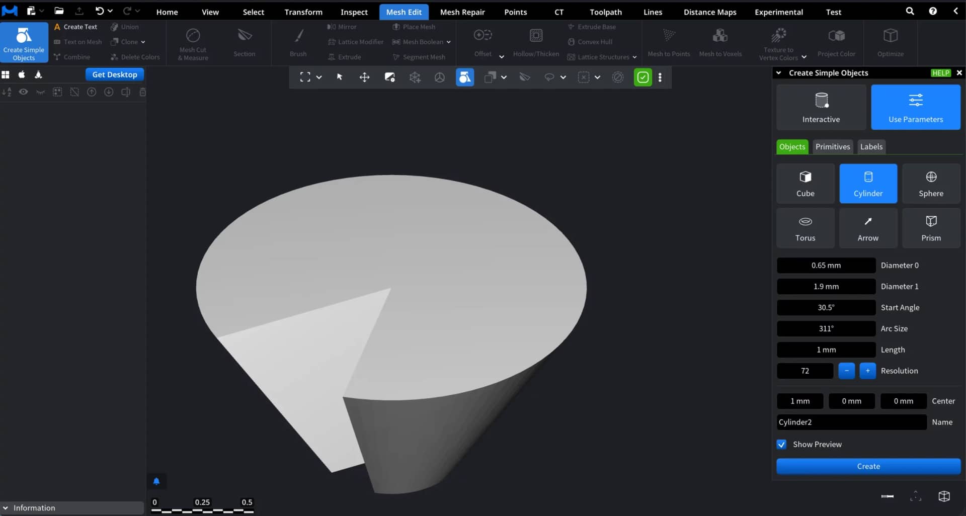 Create a Cylinder in MeshInspector