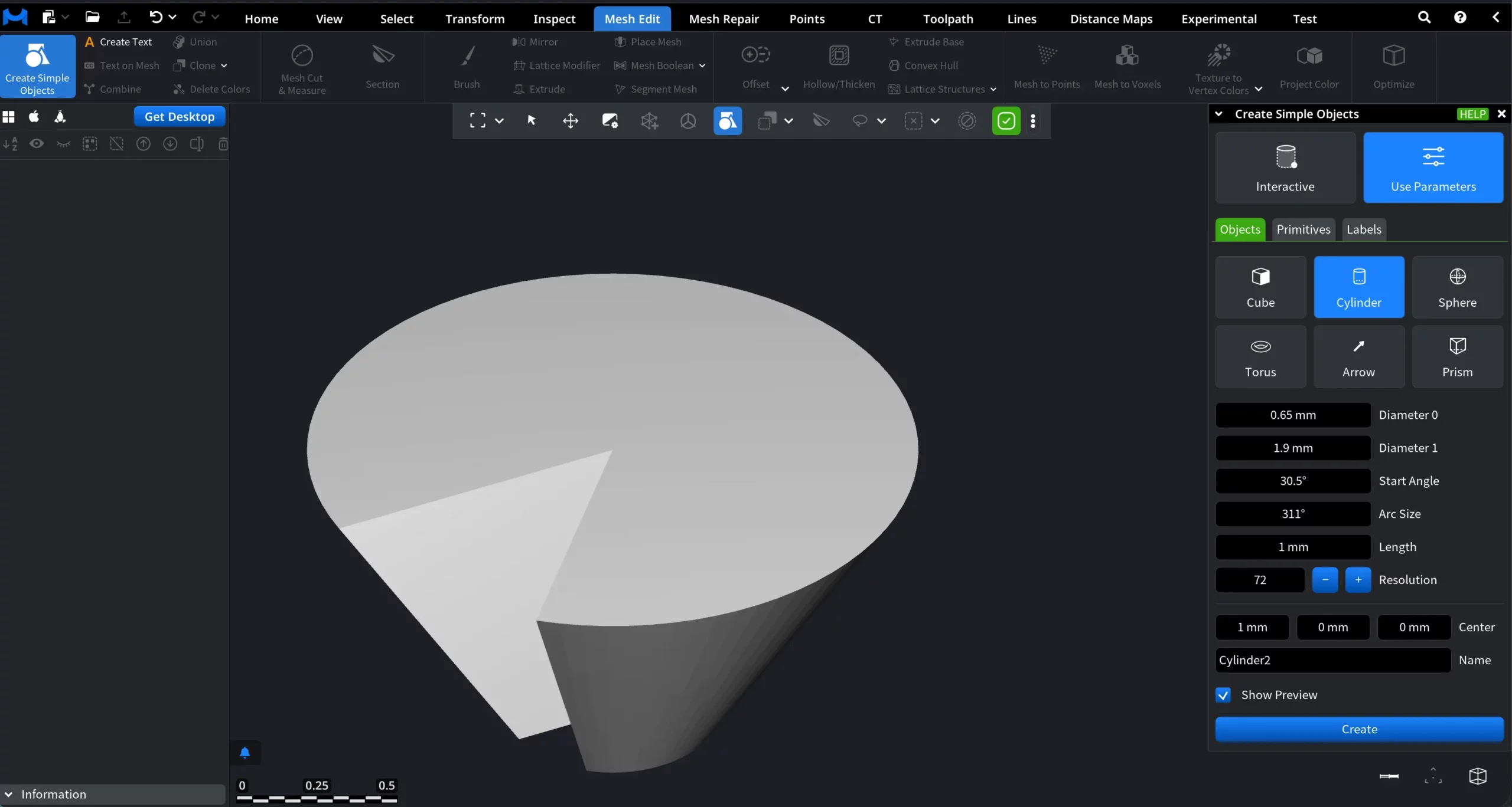 Create a Cylinder in MeshInspector