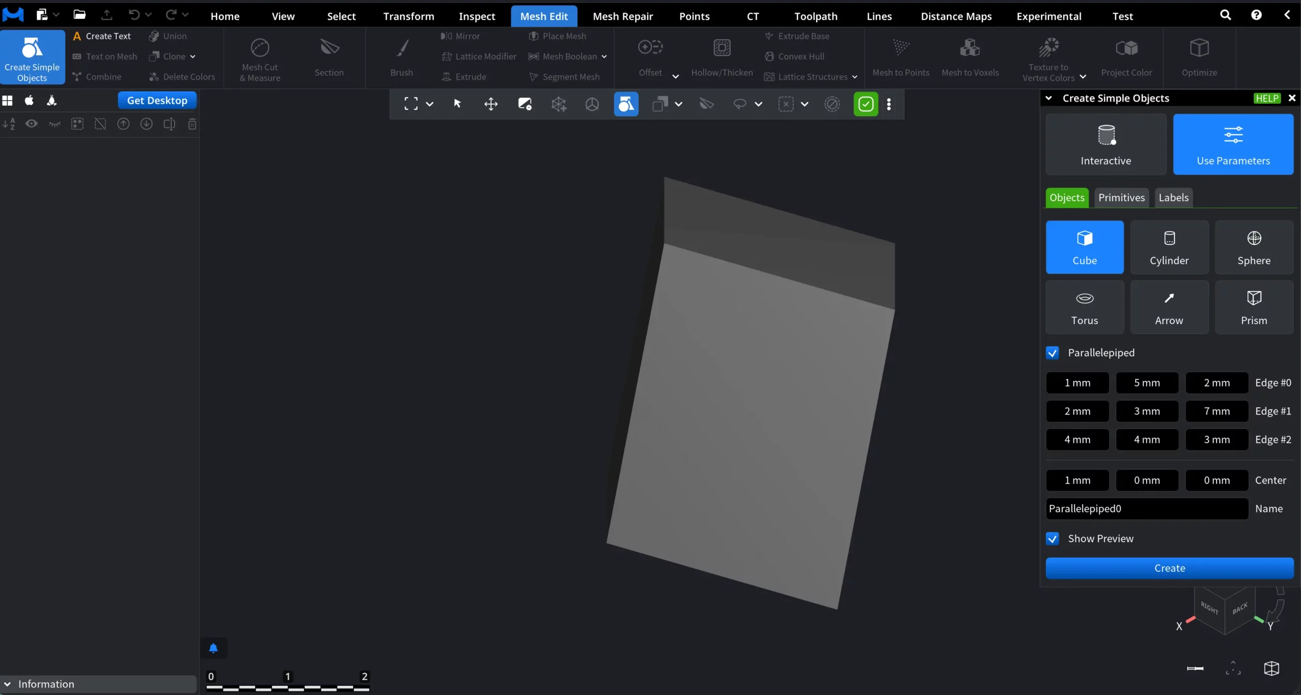 Create a Parallelepiped in MeshInspector 
