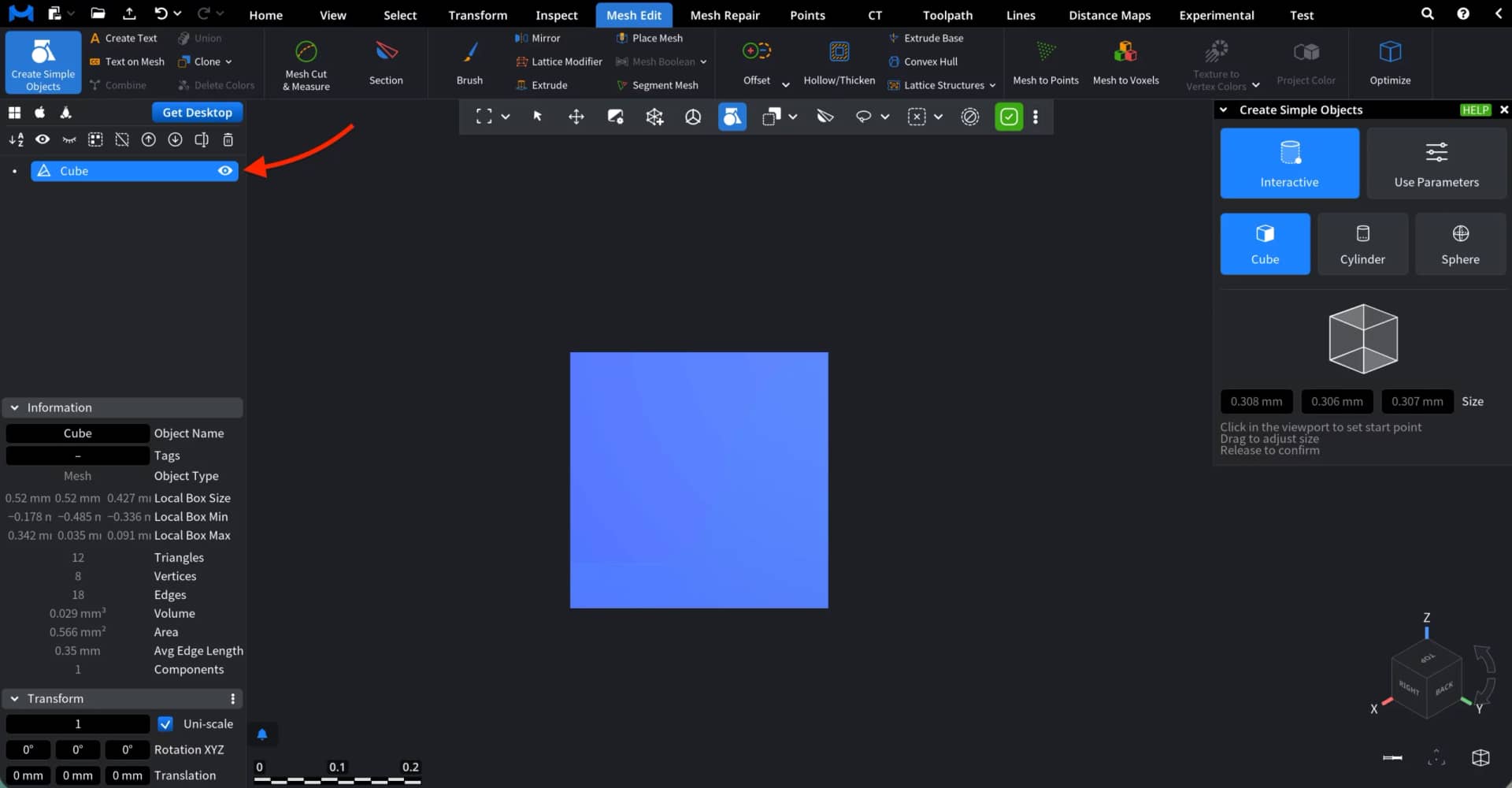 Interactive Mode: Cube Created