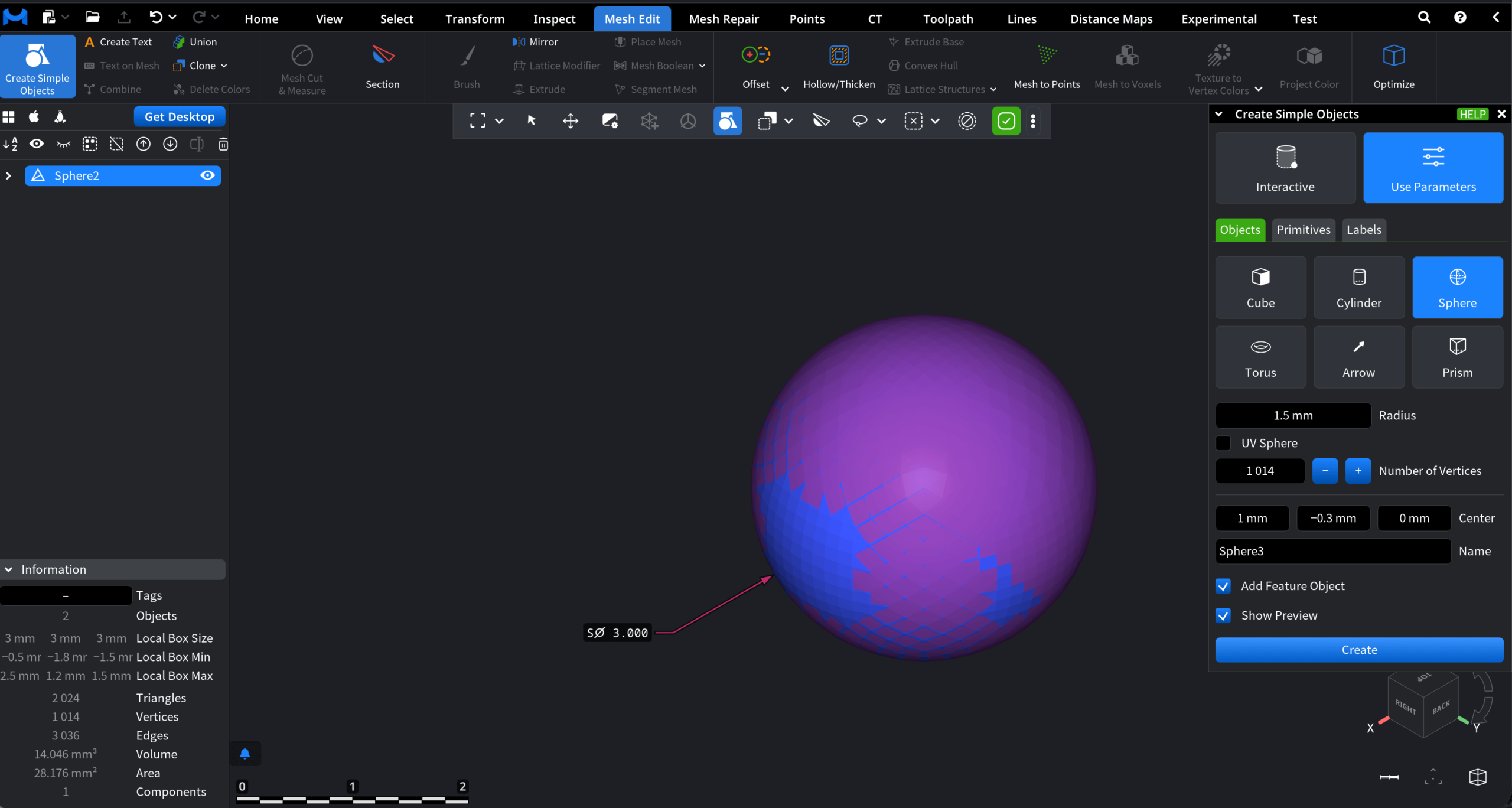Create a Sphere in MeshInspector