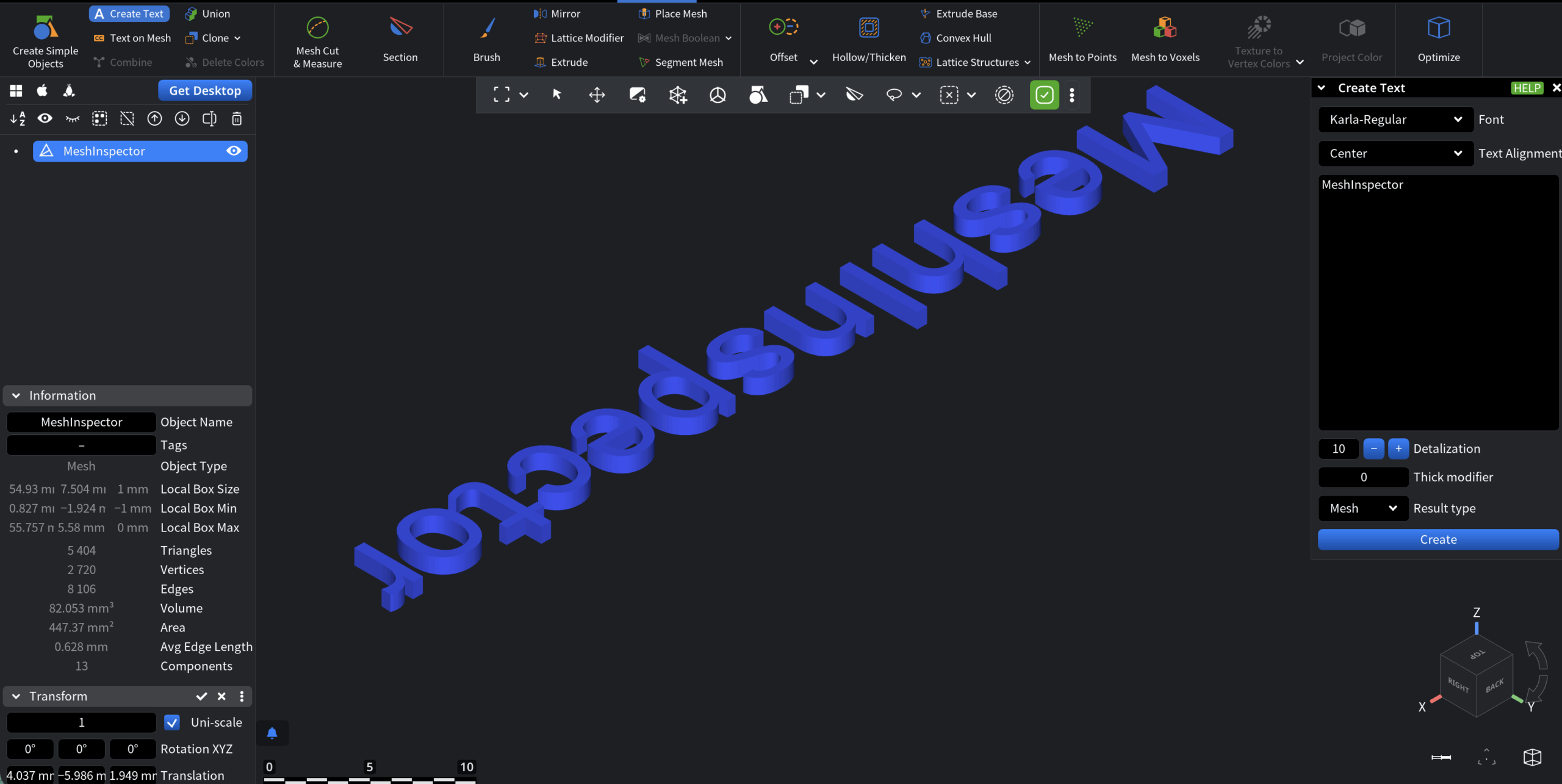 Create Text in MeshInspector: Example