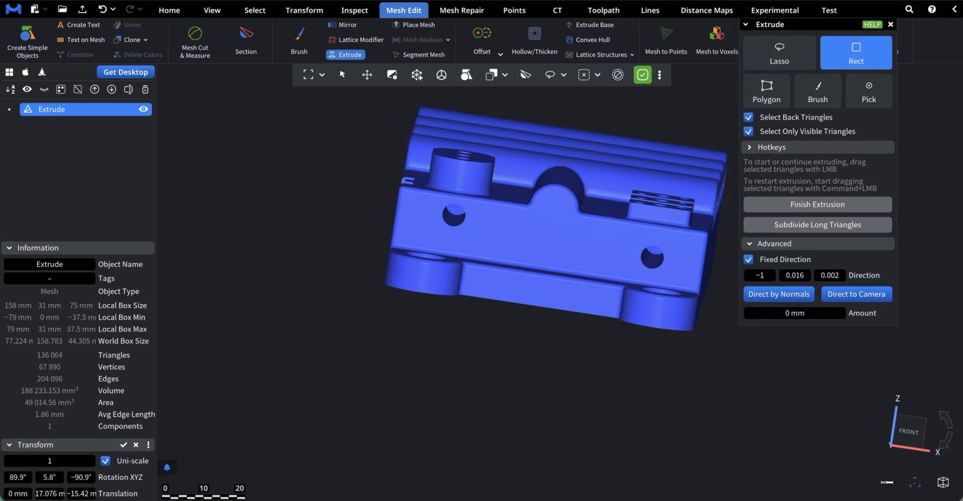 Extrude Mesh Tab in MeshInspector