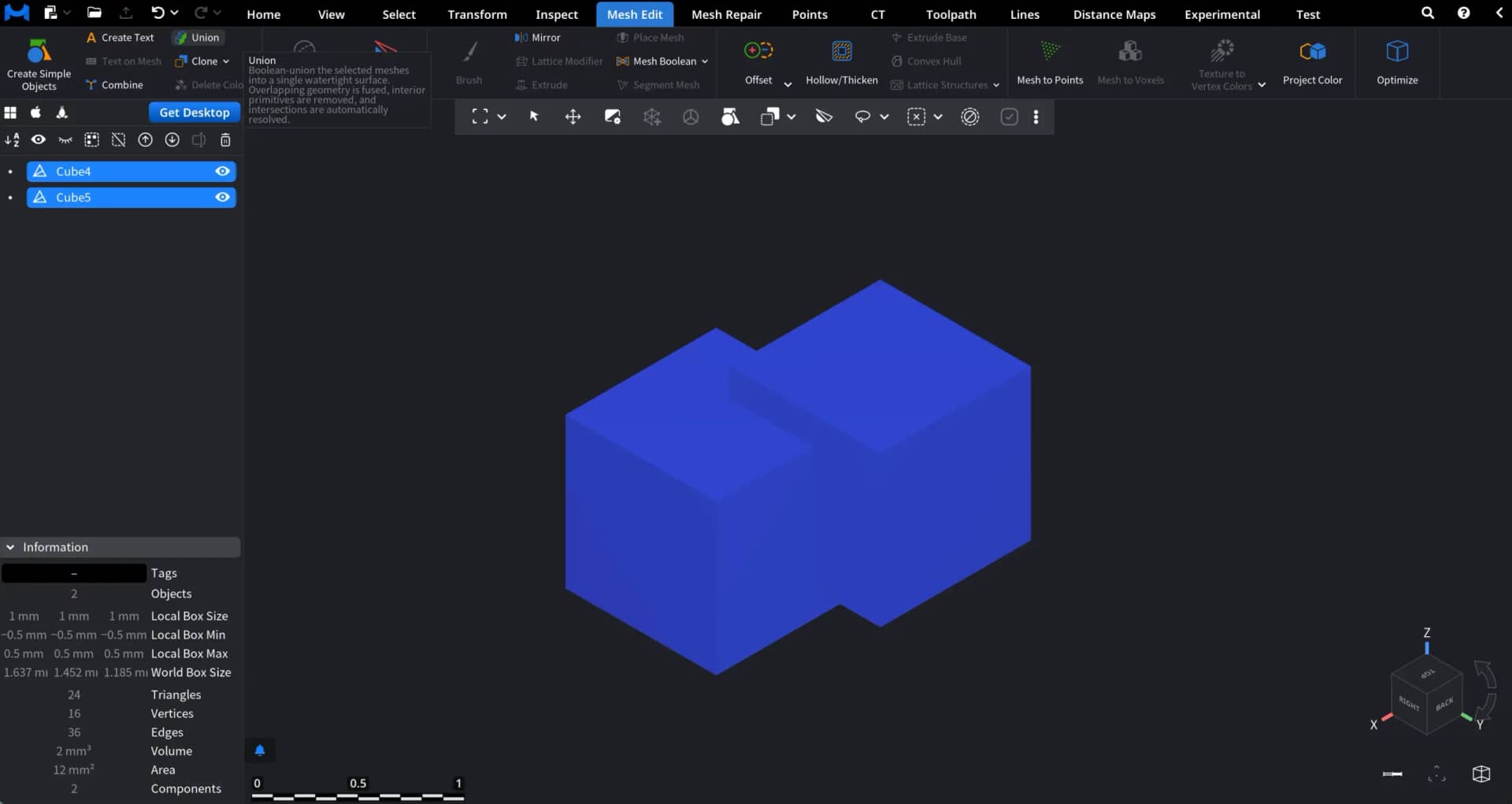 Union in Mesh Edit