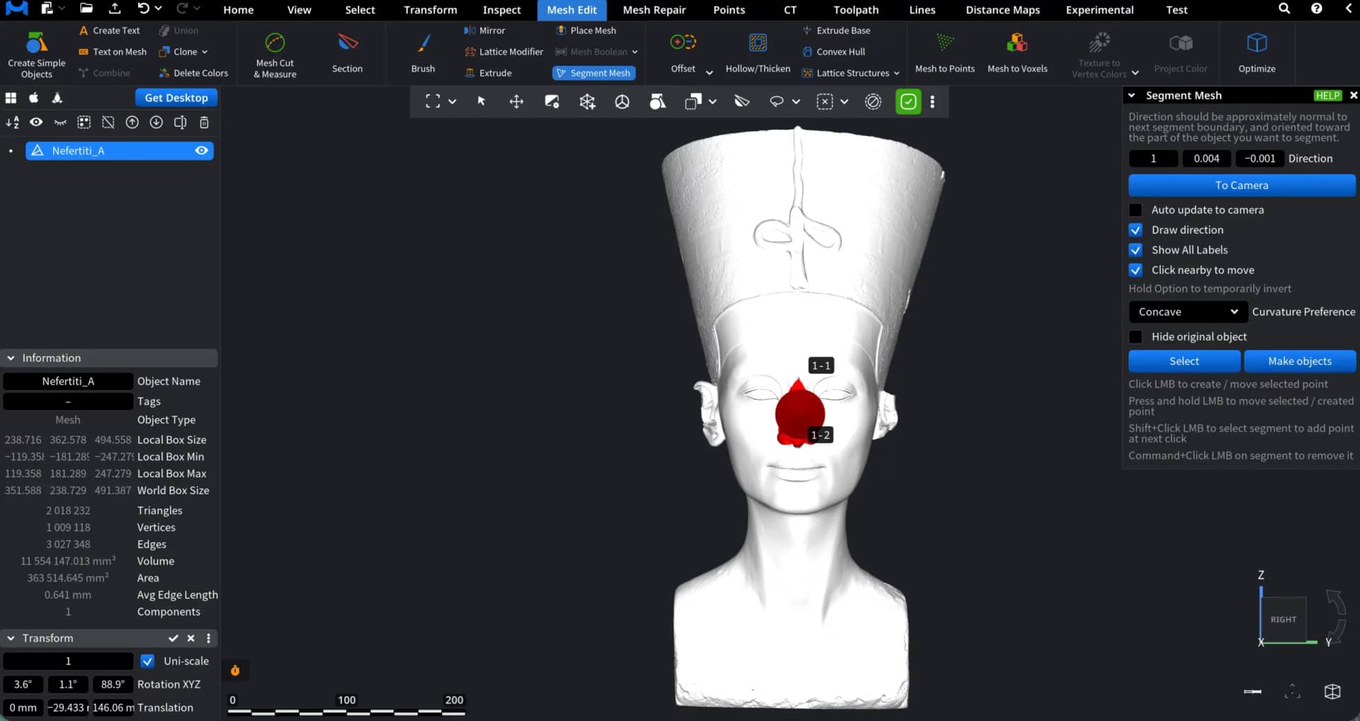 Segmentation controls beside a bust model with a selected region.