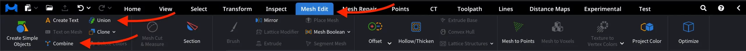 Where to Find Combine and Union in MeshInspector under Mesh Edit