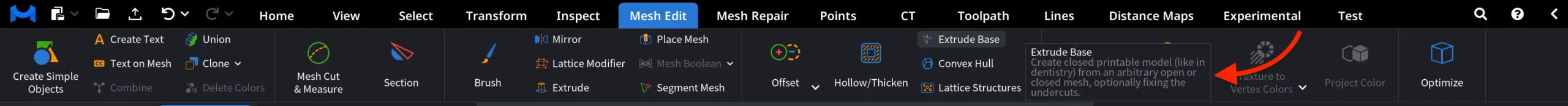 Where to Find Extrude Base in MeshInspector 