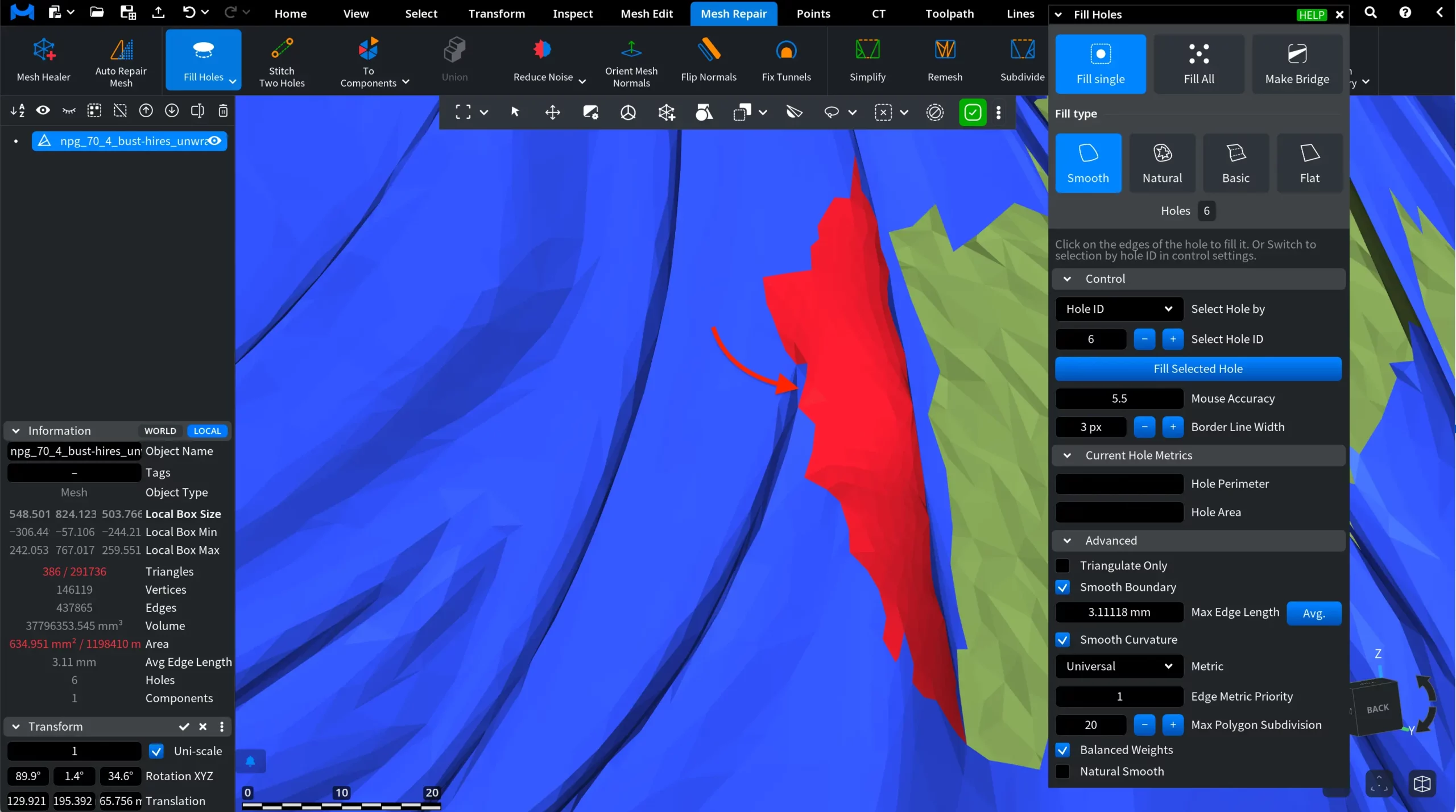 After Clicking Fill Selected Hole