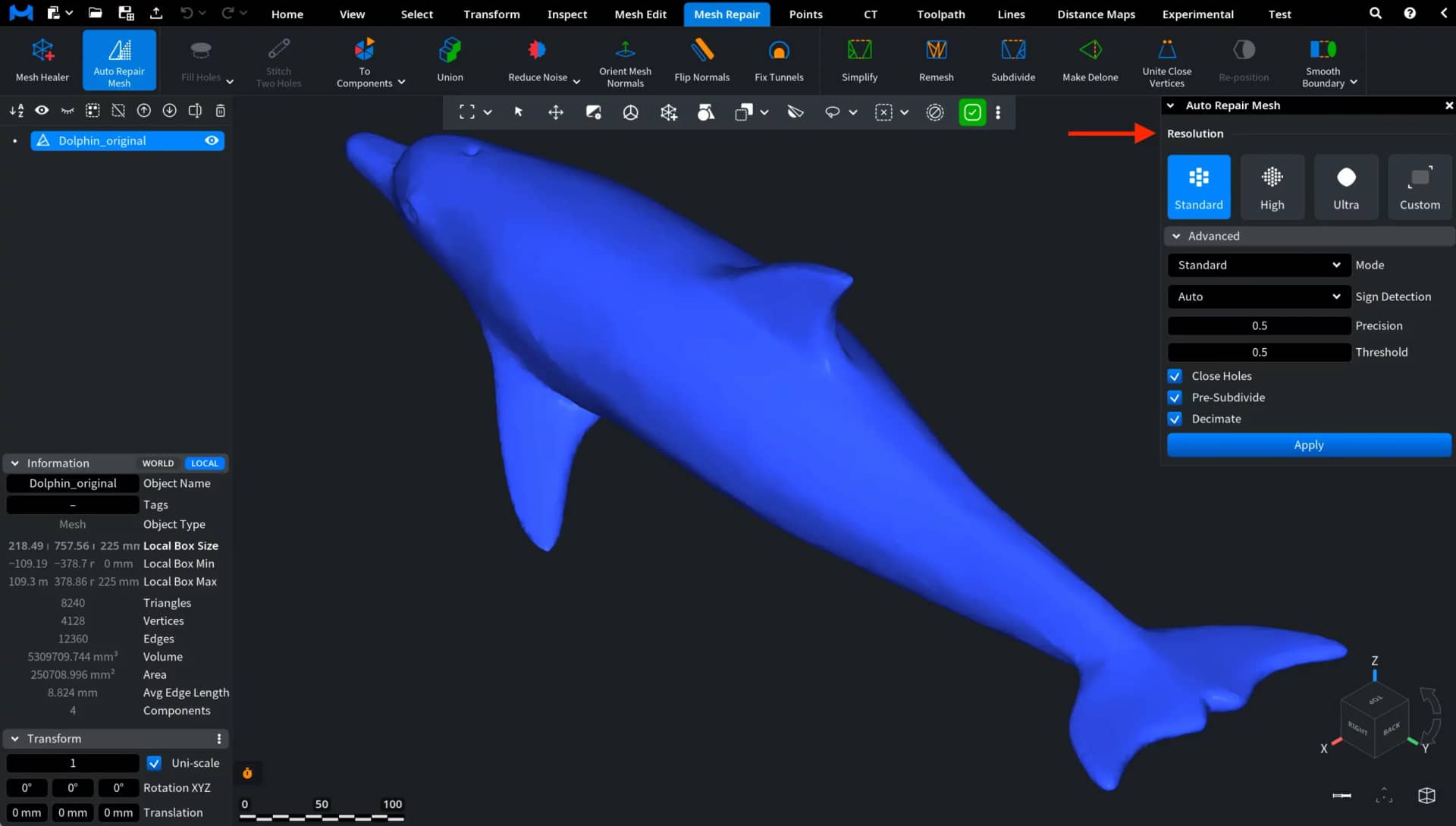 Auto Mesh Repair: Four Resolution Options