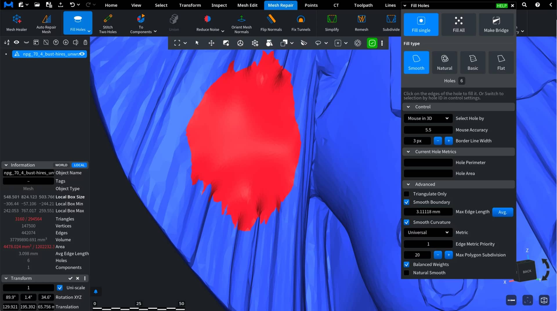 Filled hole region highlighted in red on the bust mesh.