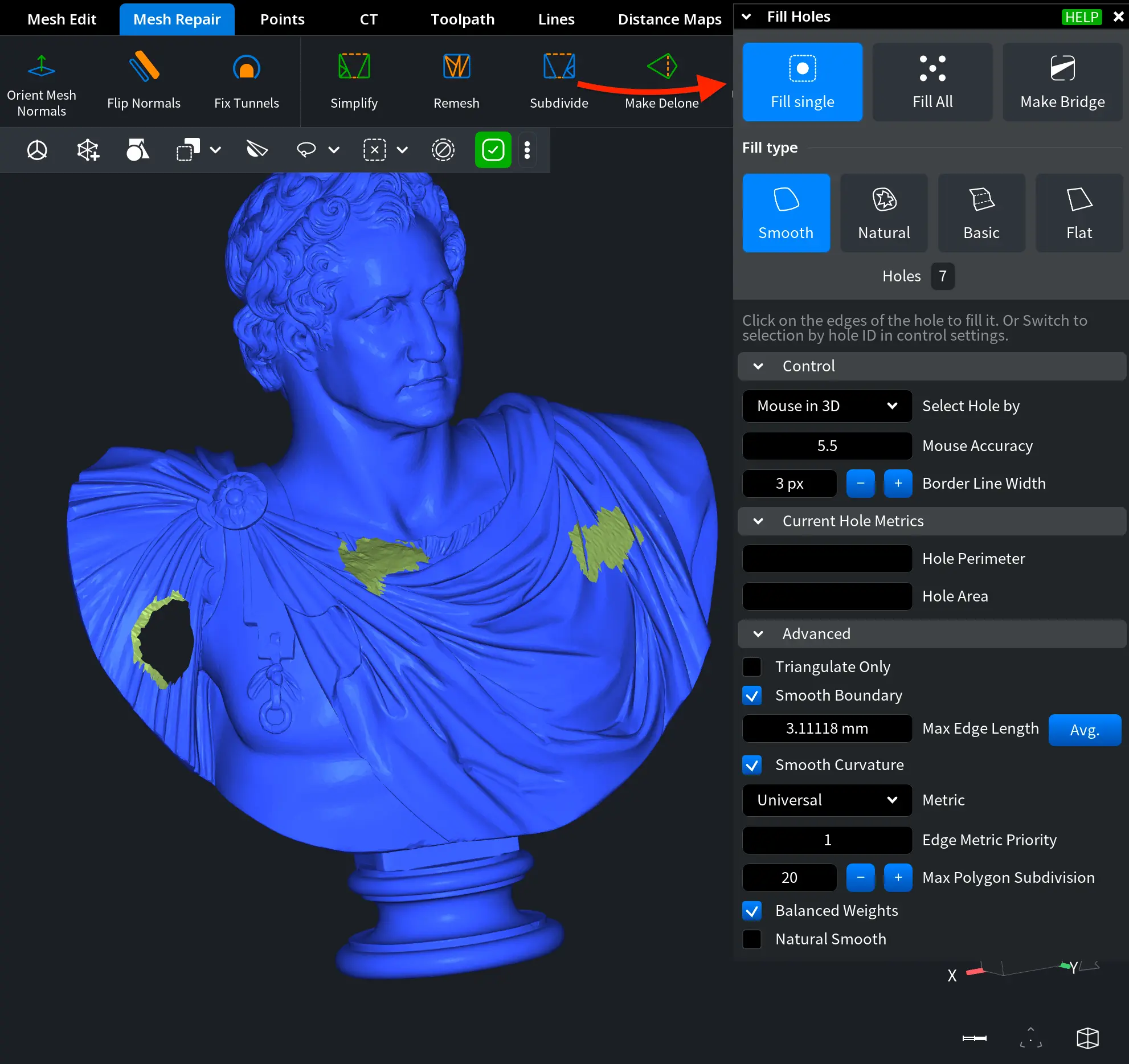 Fill Holes Tab in MeshInspector