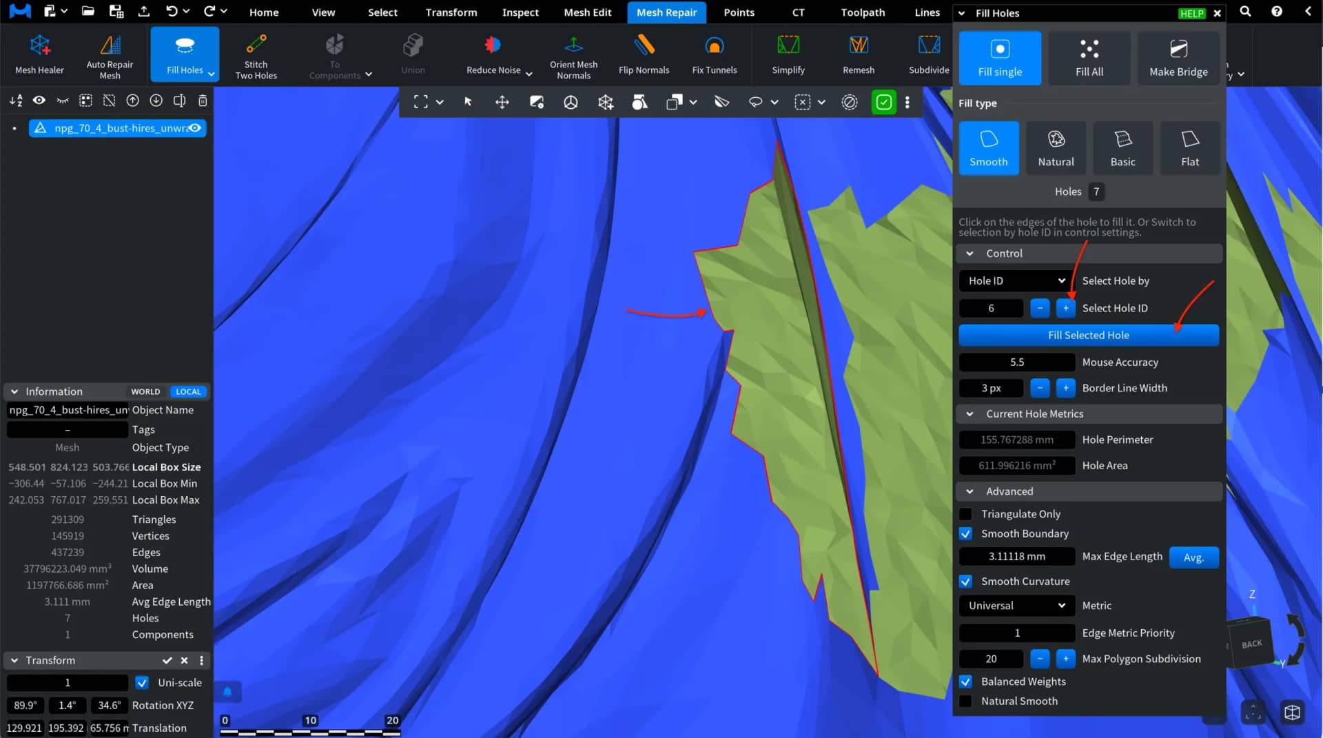 Fill Holes: Selecting Hole ID