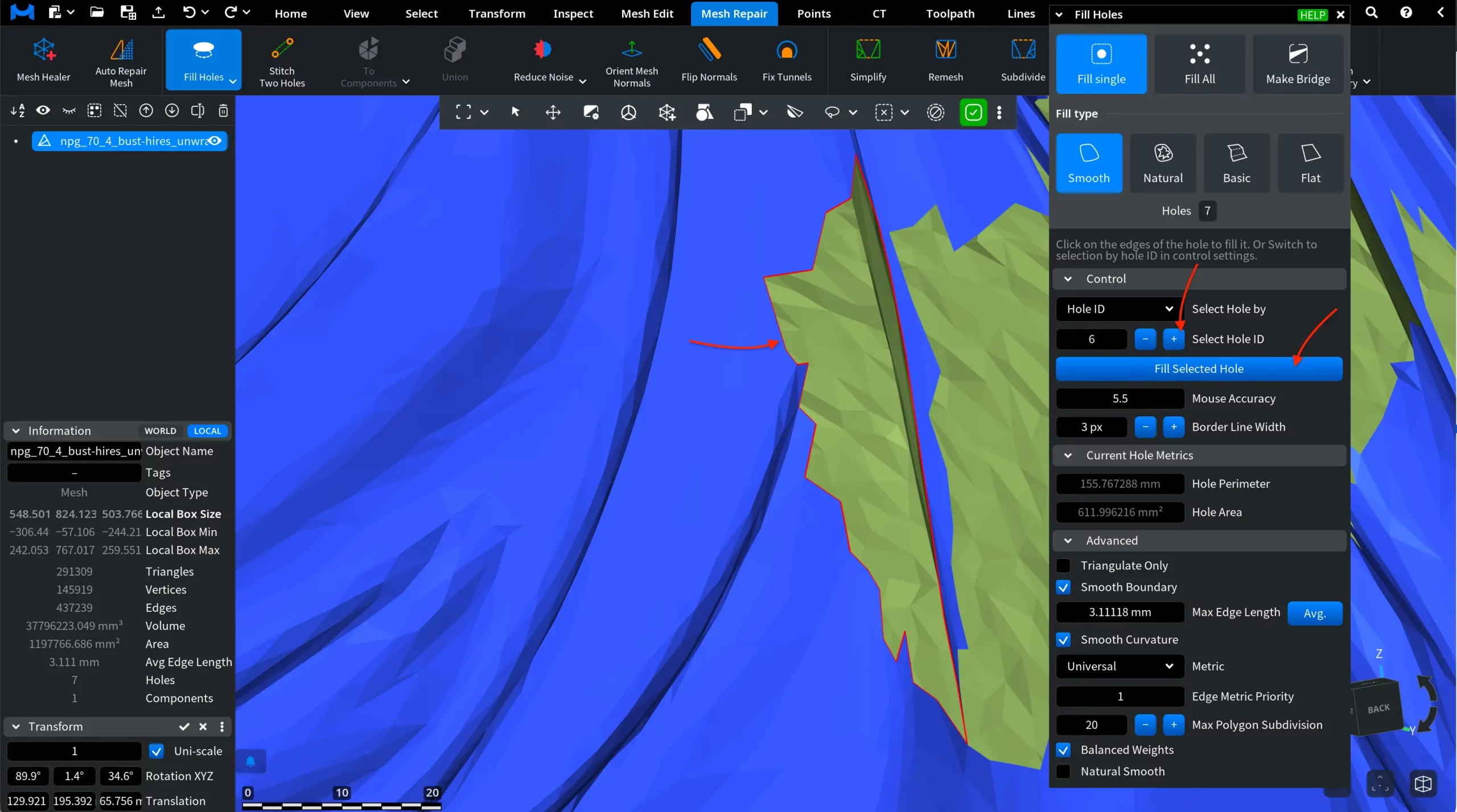 Fill Holes: Selecting Hole ID
