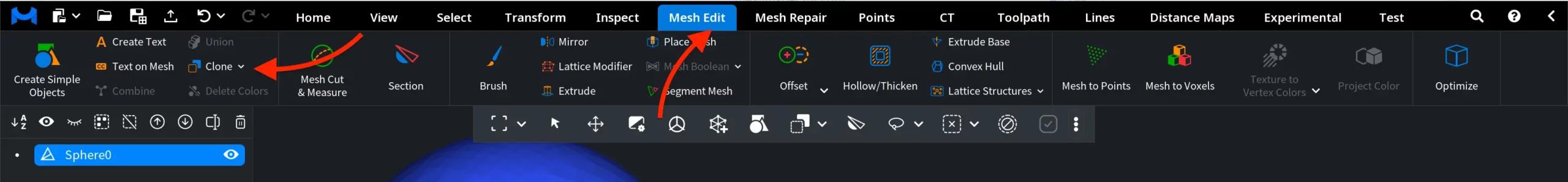 Clone Tool: Where to Find Clone in MeshInspector
