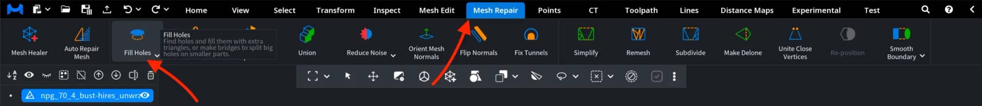 Where to Find Fill Holes in MeshInspector