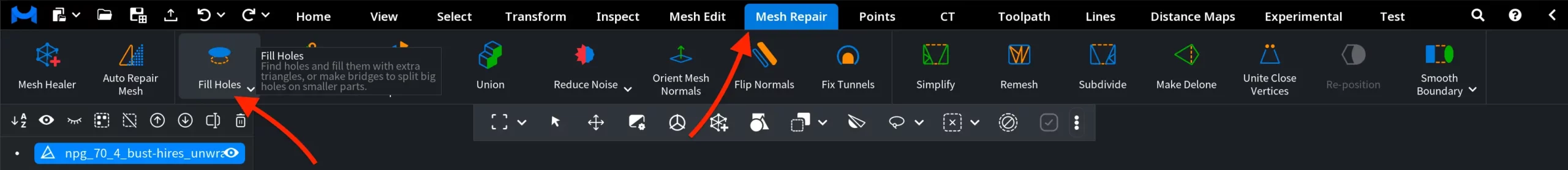 Where to Find Fill Holes in MeshInspector