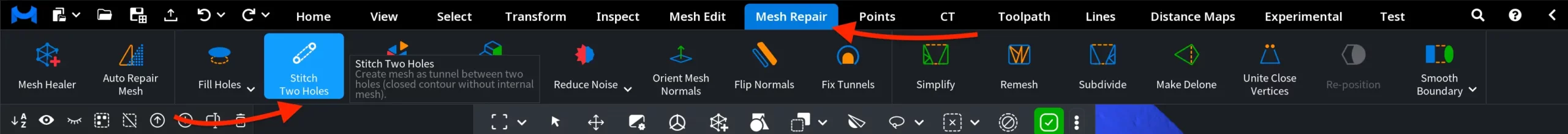 Where to Find the Stitch Two Holes in MeshInspector