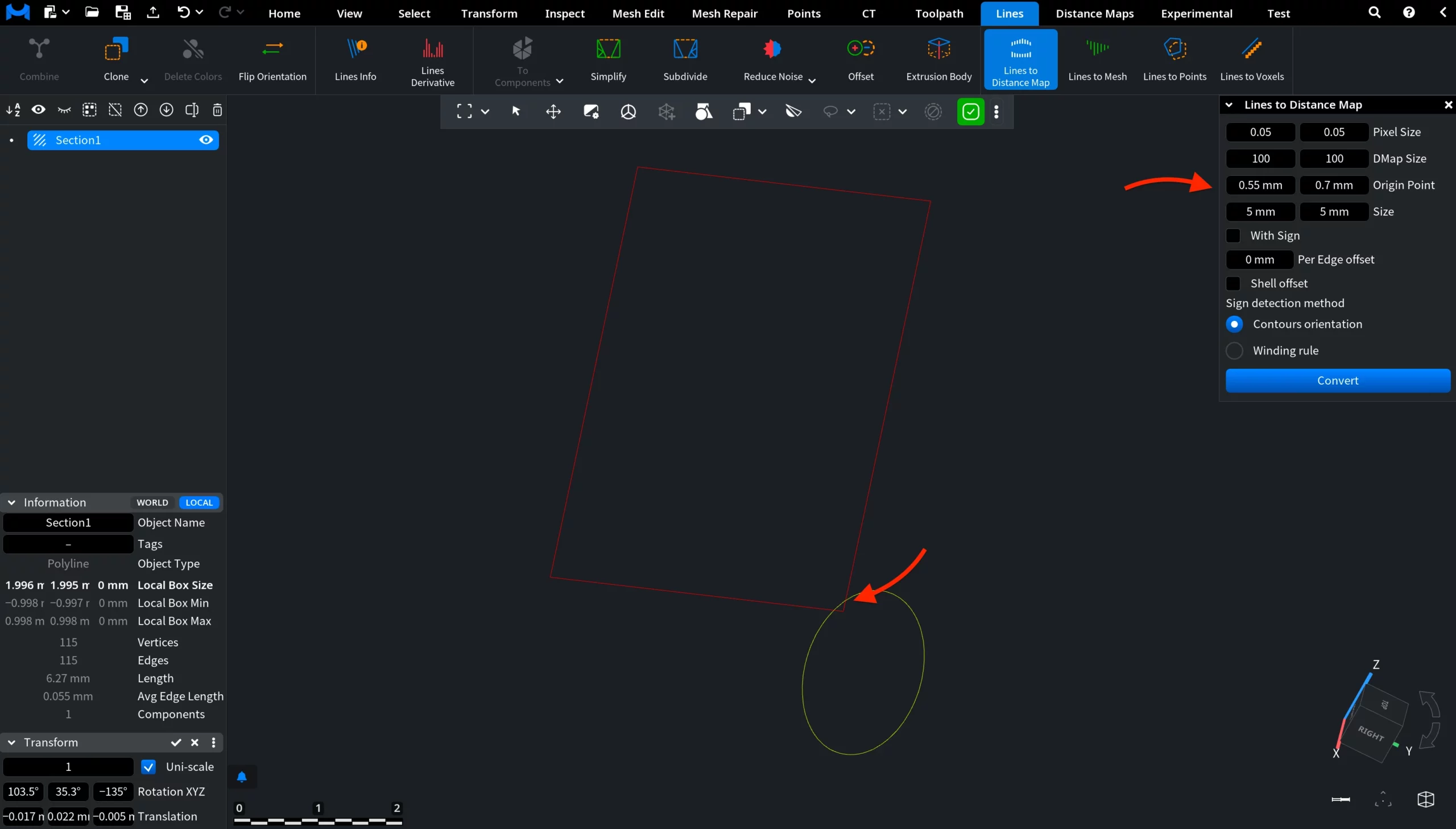 Lines to Distance Map: Origin Point