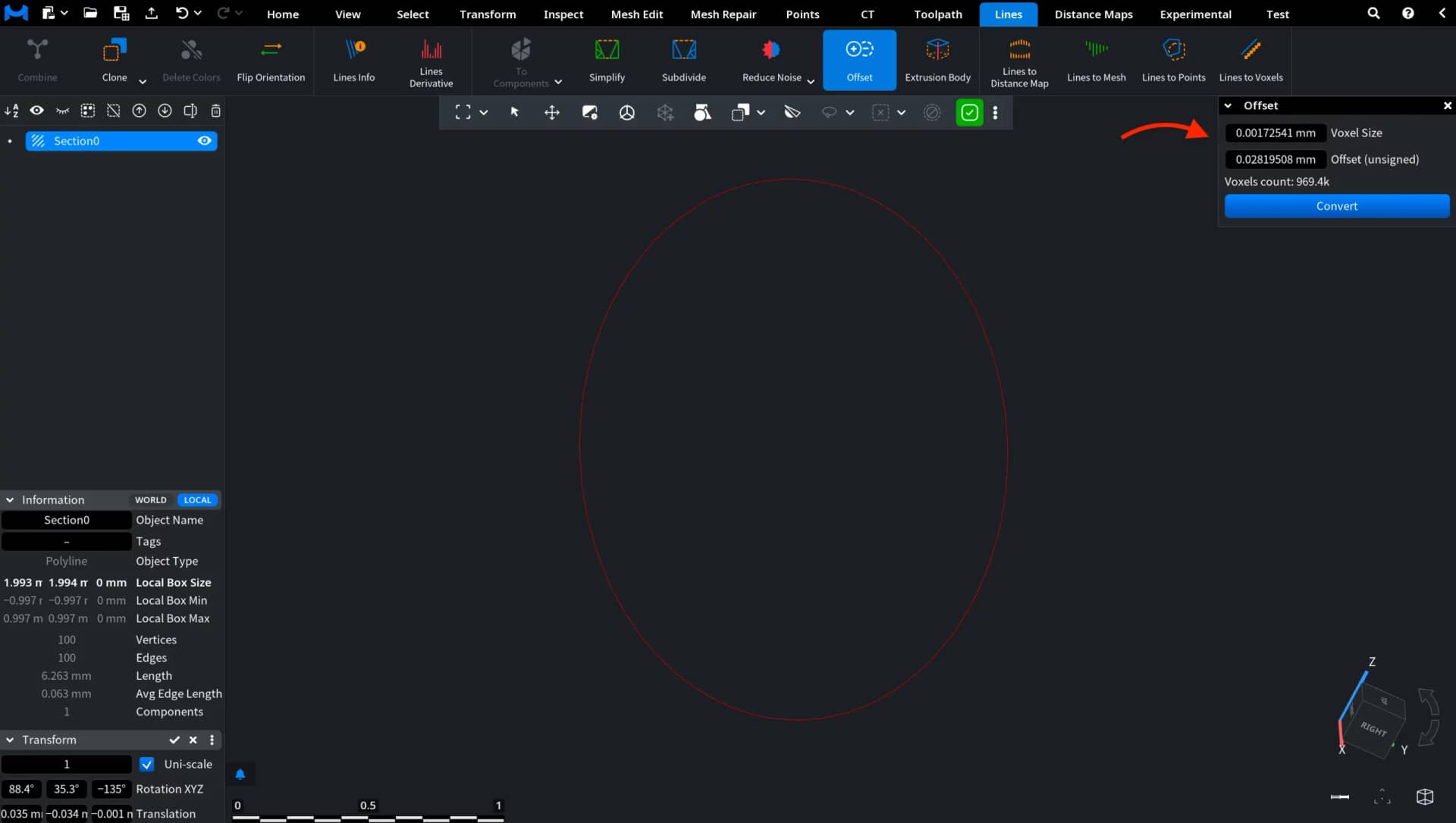 Offset for Lines: Smaller Voxel Size