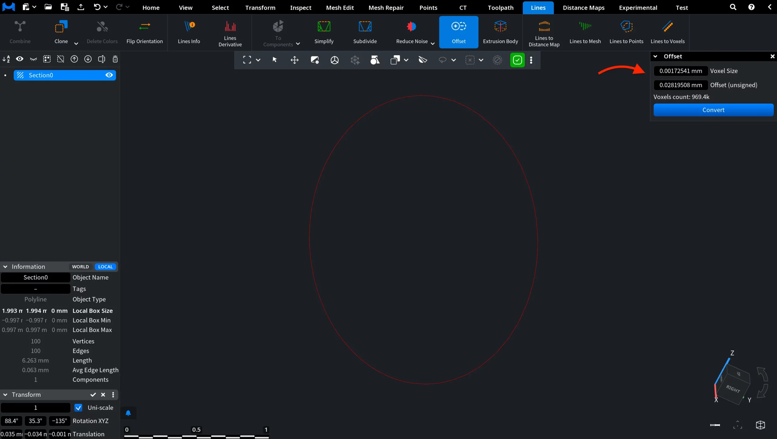 Offset for Lines: Smaller Voxel Size