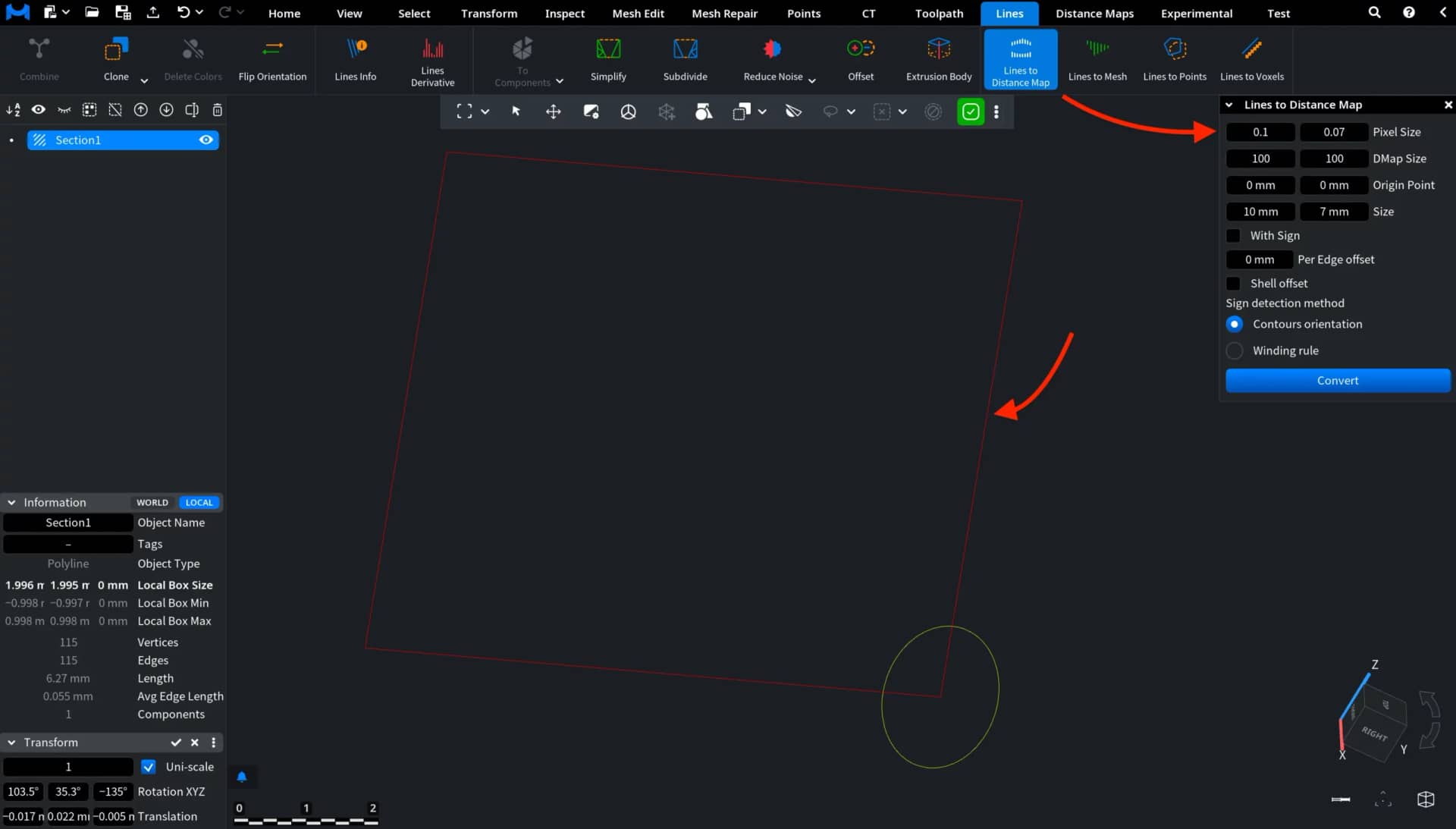 Lines to Distance Map: Pixel Size