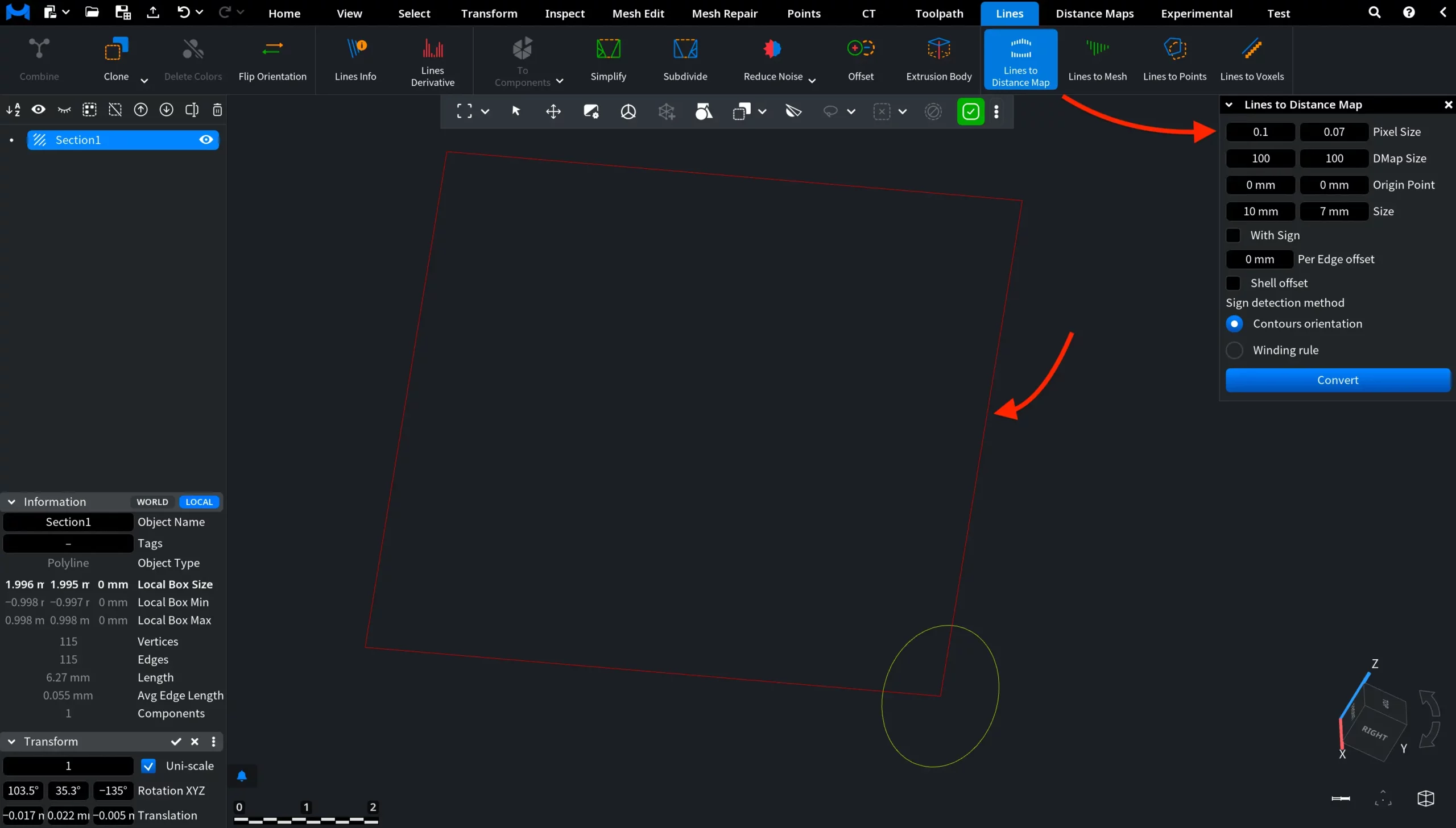 Lines to Distance Map: Pixel Size