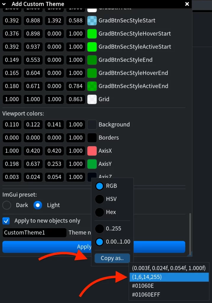 Add Custom Theme: Color Format and Copy Options