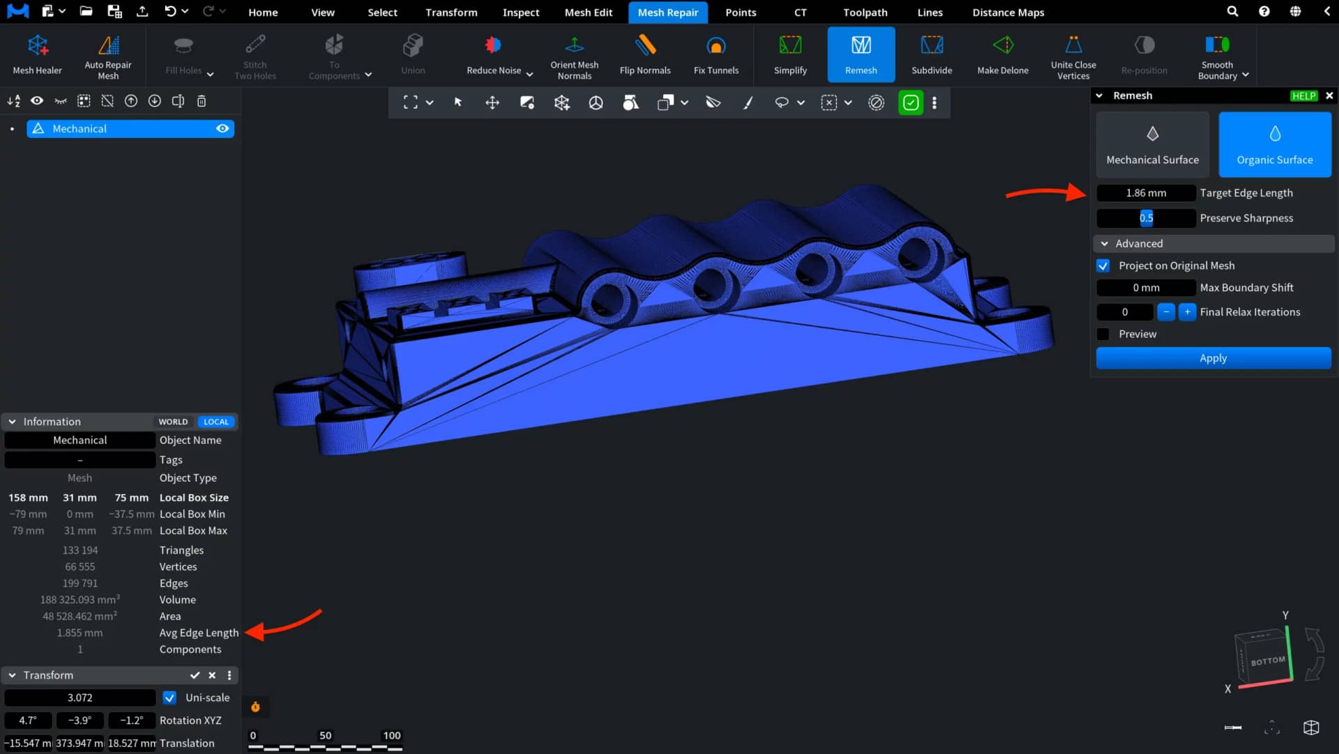 Remesh: Target Edge Length. First Time