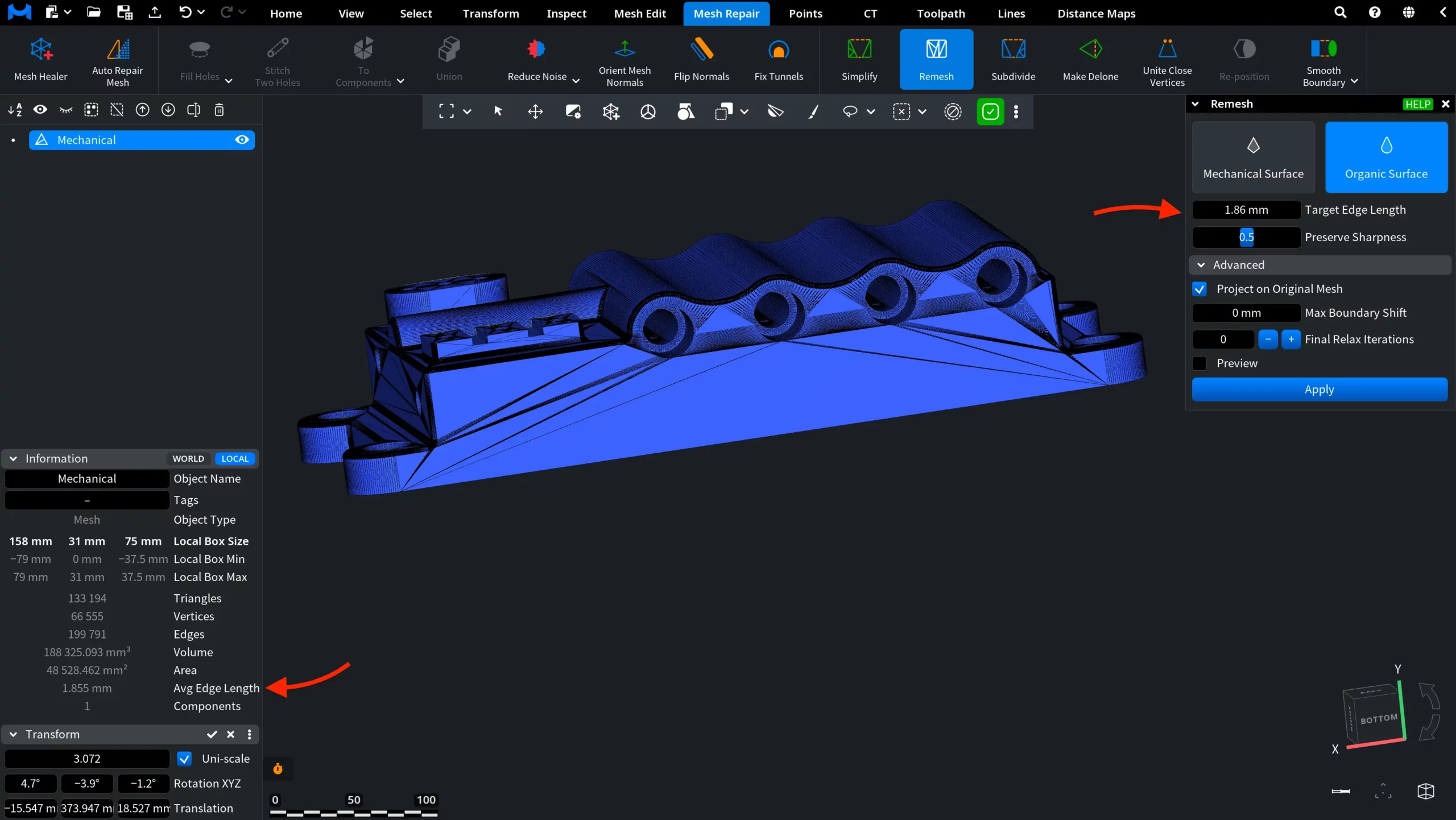 Remesh: Target Edge Length. First Time
