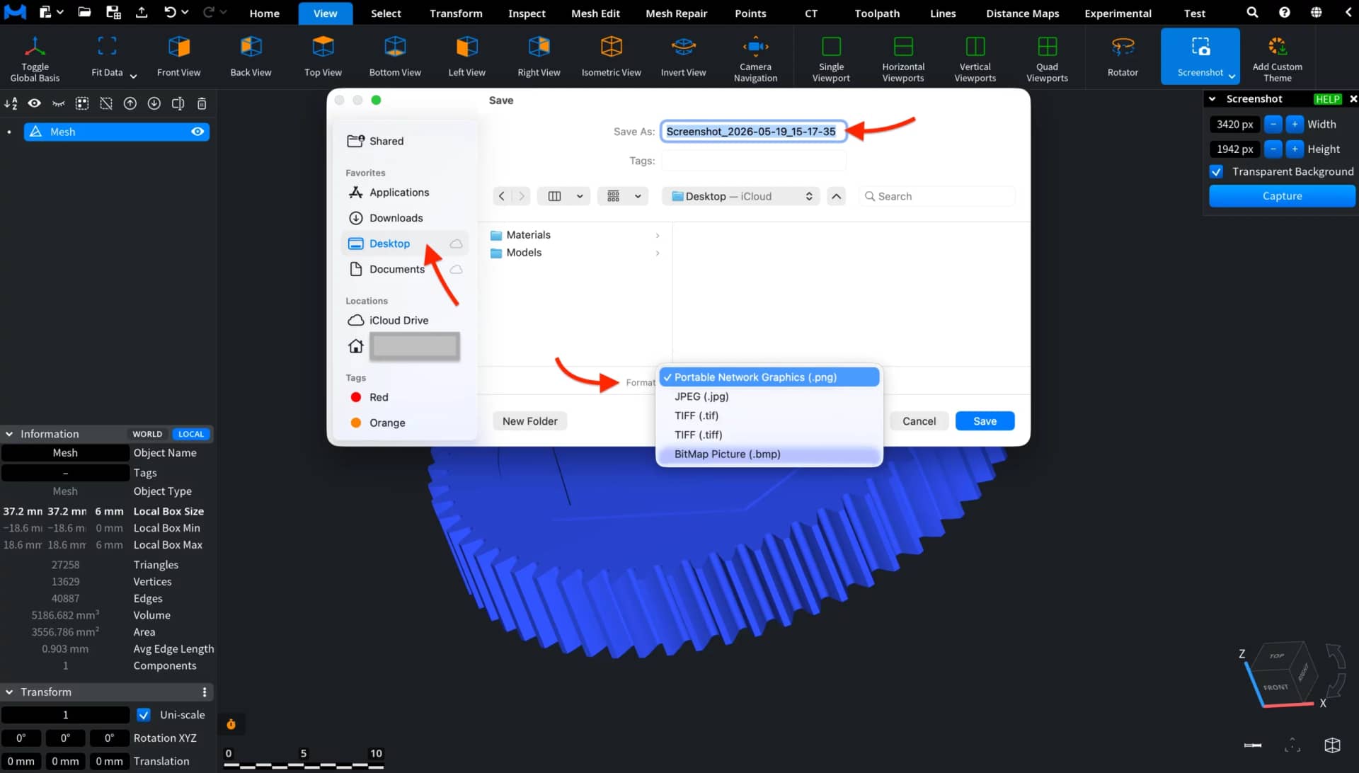 Save dialog for exporting a screenshot of the gear model.