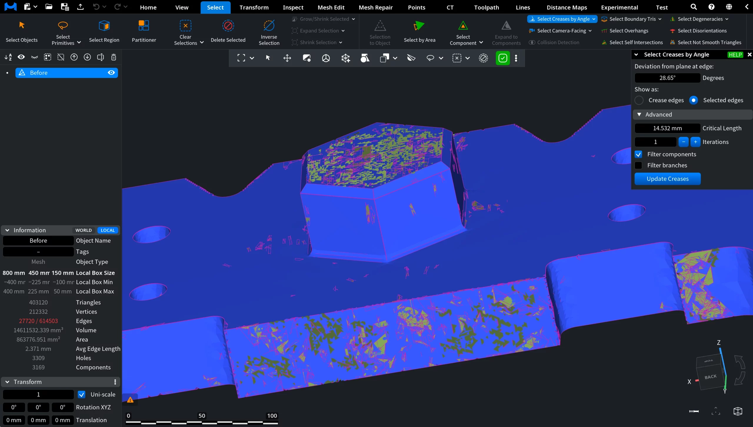 Select Creases by Angle: Panel