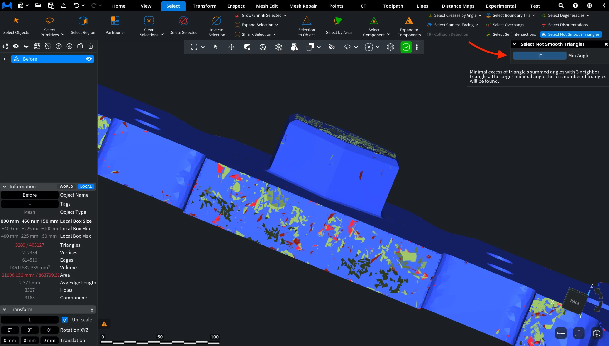 Select Not Smooth Triangles: Settings and Result