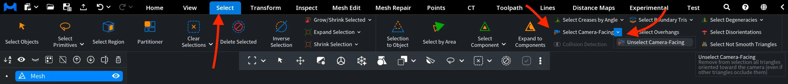 Select Camera-Facing and Unselect Camera-Facing: Where to Find