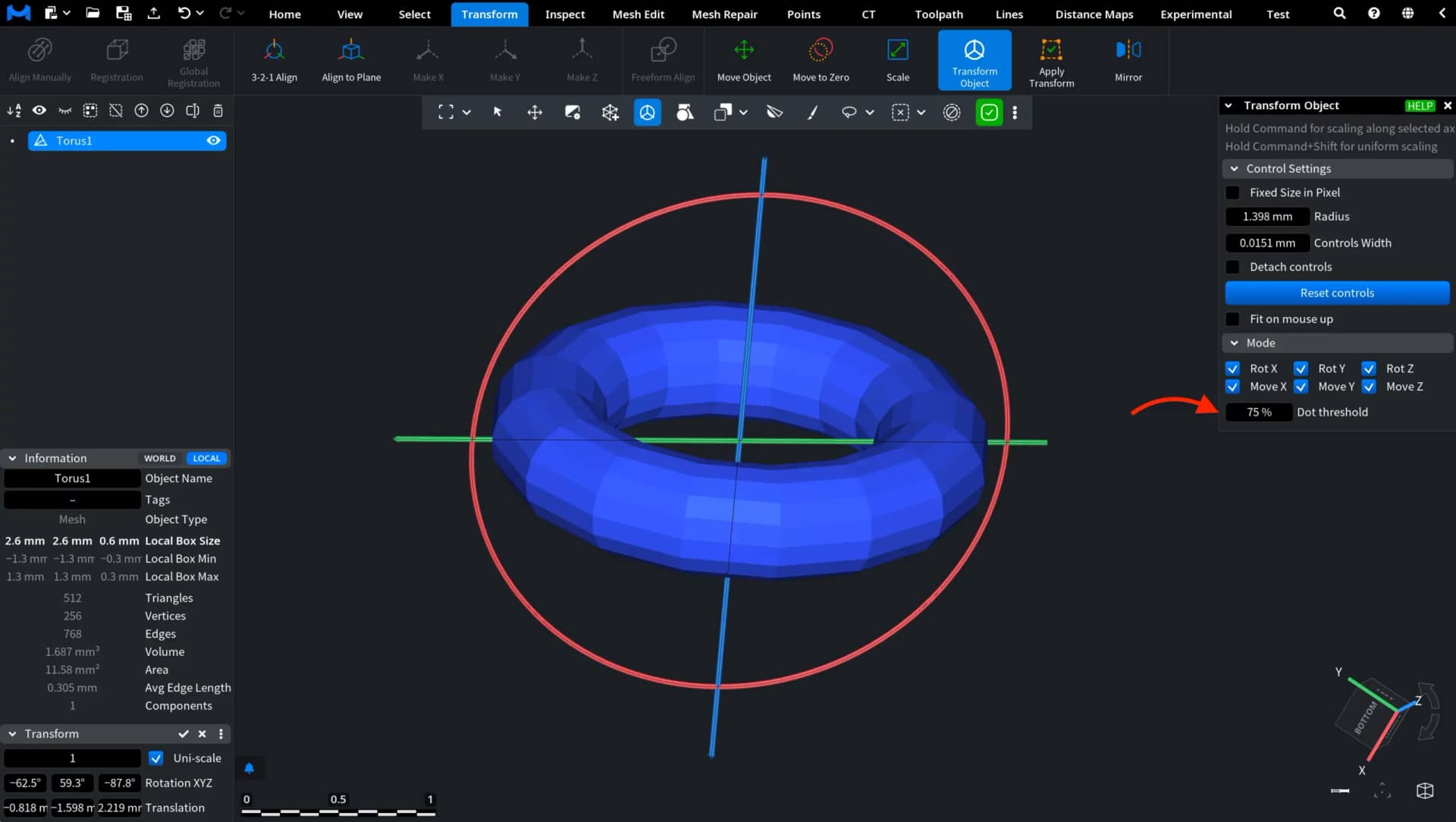 Transform gizmo around a torus with the dot threshold set to 75%.