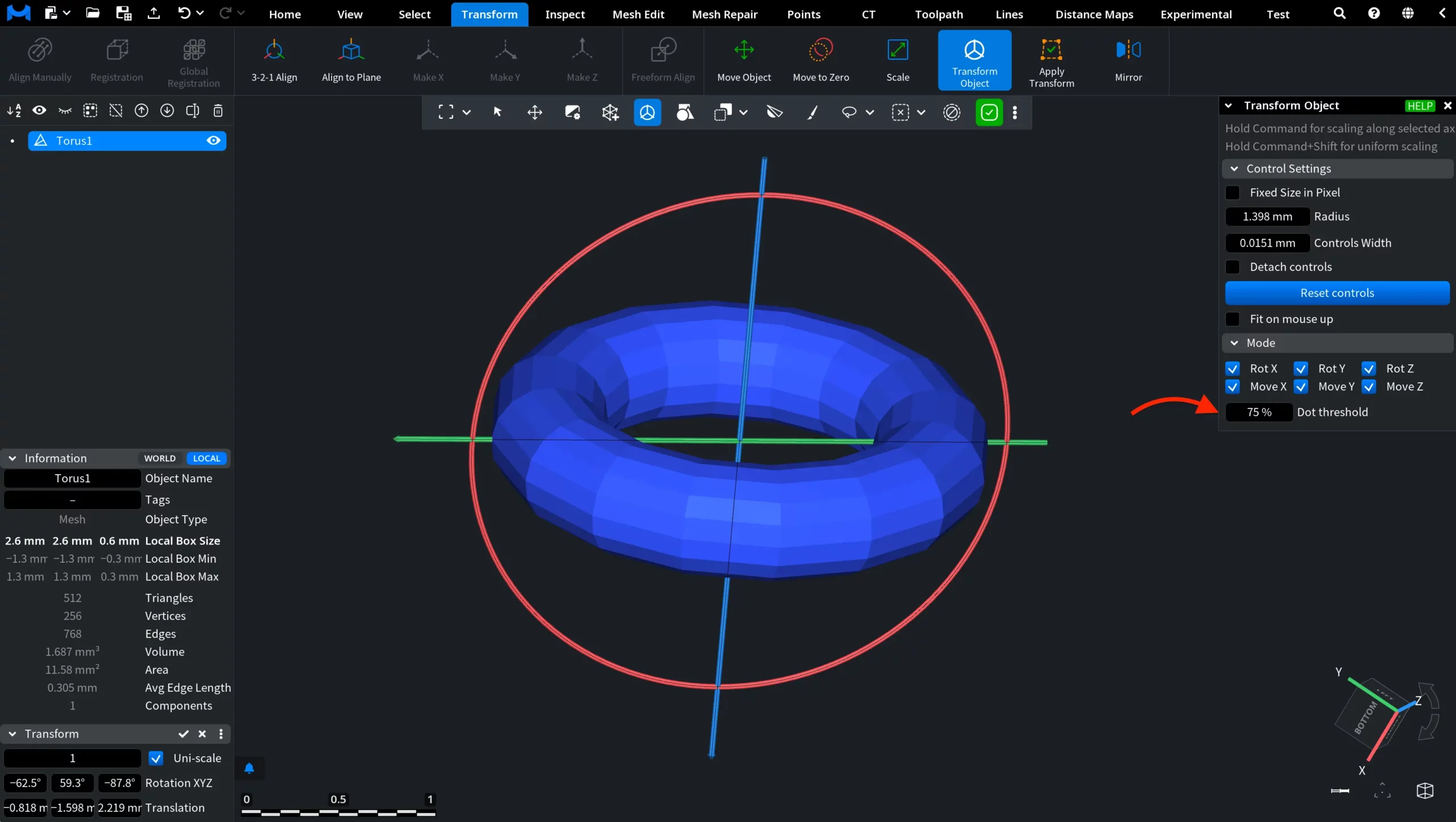 Transform Object: Dot Threshold at 75%