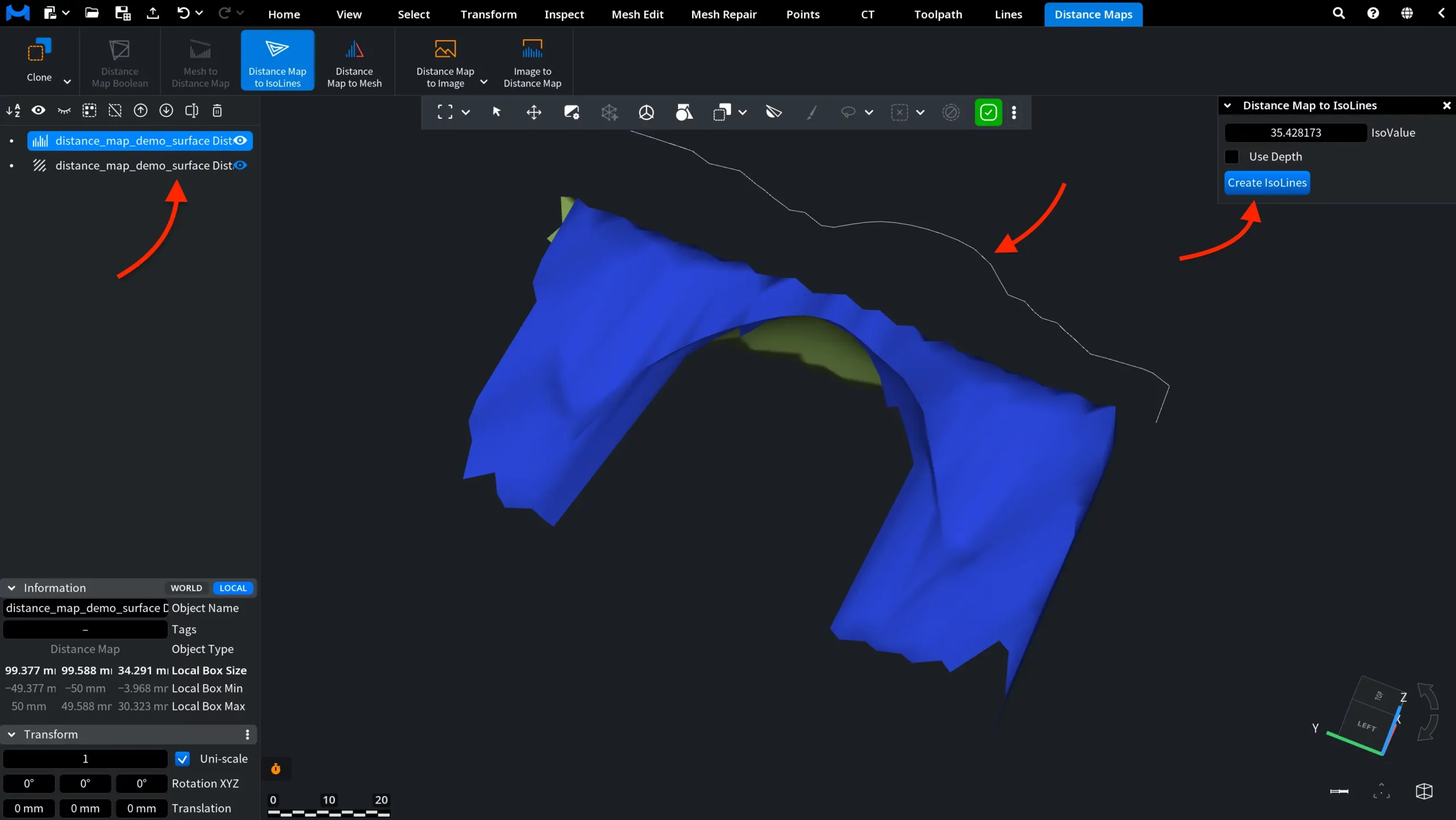 Distance Map to IsoLines: Result Without Depth