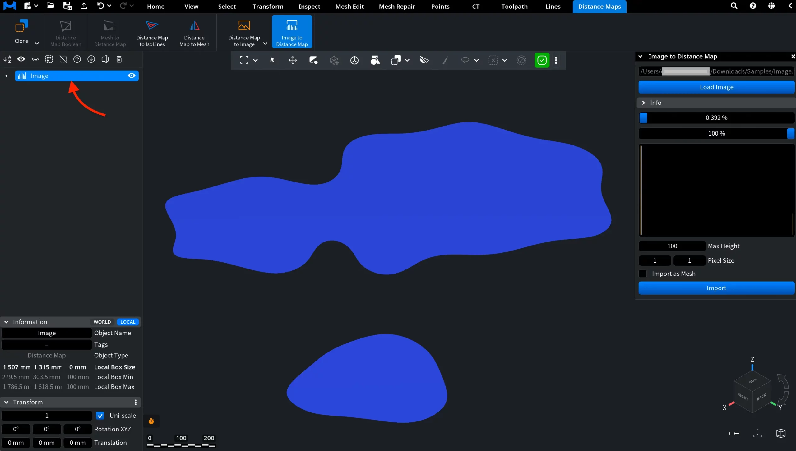 Image to Distance Map: Result with Default Settings