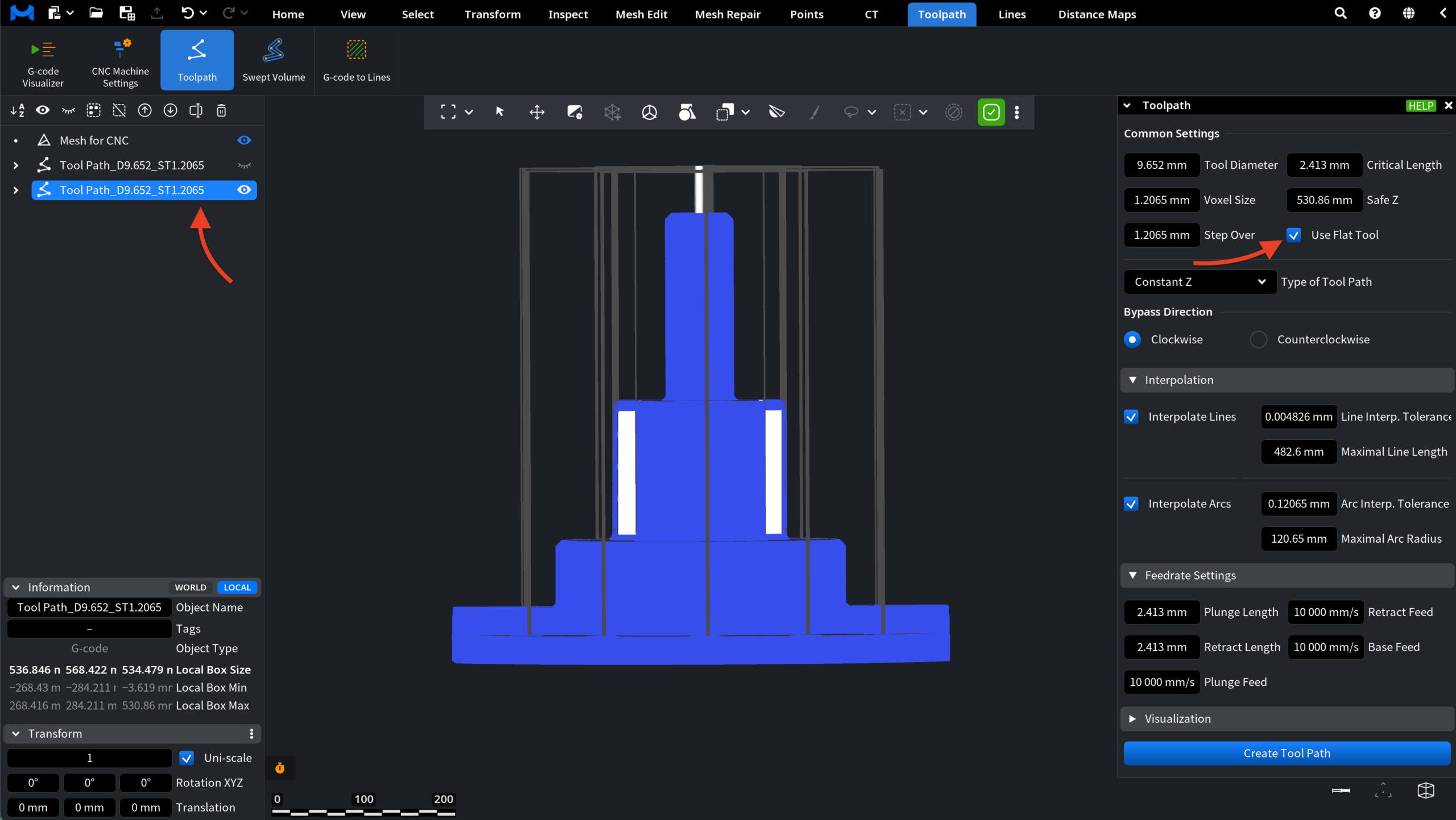 Toolpath Created with Use Flat Tool Enabled