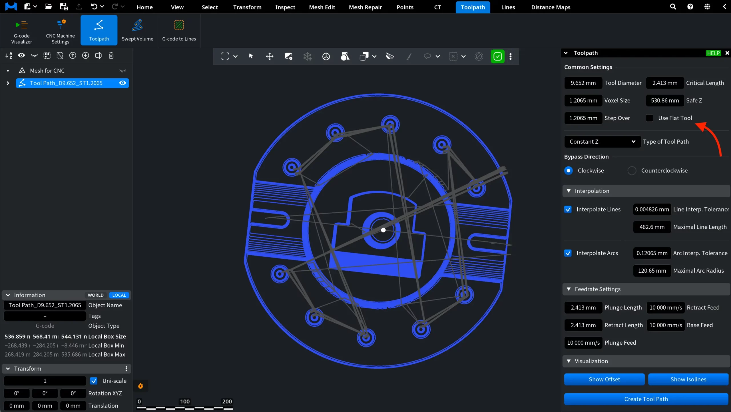 Toolpath Created with Use Flat Tool Disabled: View from Above