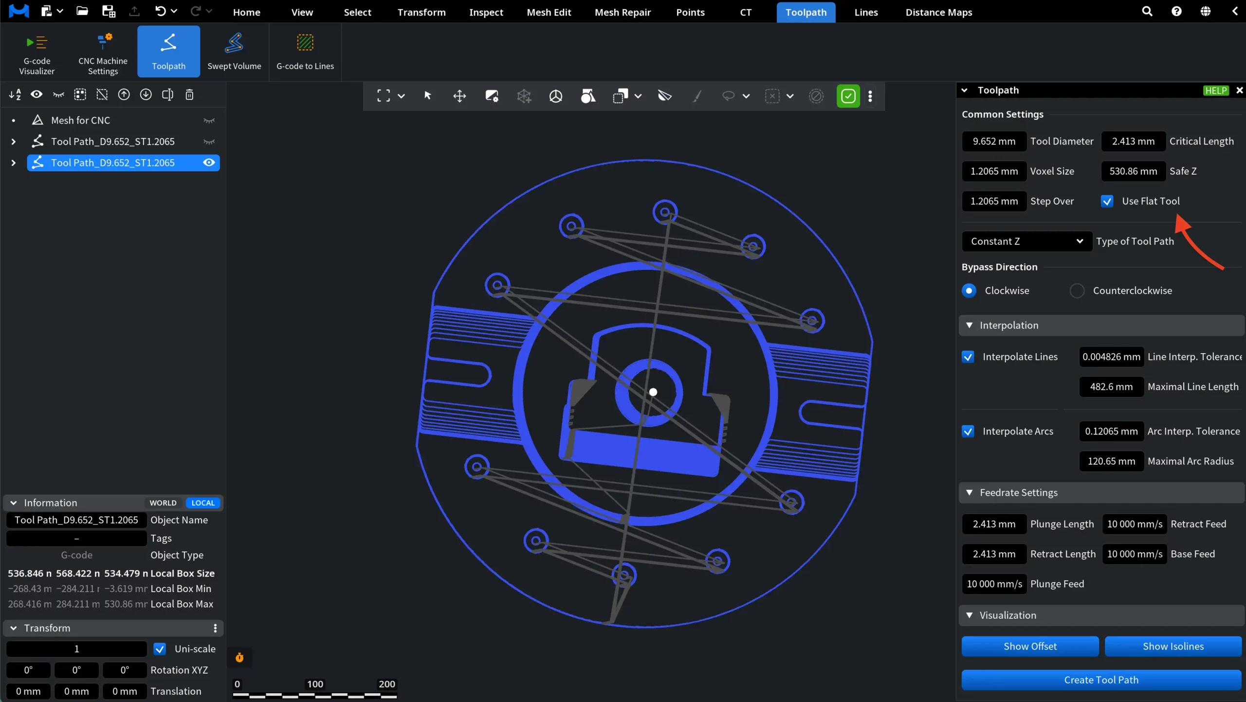 Toolpath Created with Use Flat Tool Enabled: View from Above